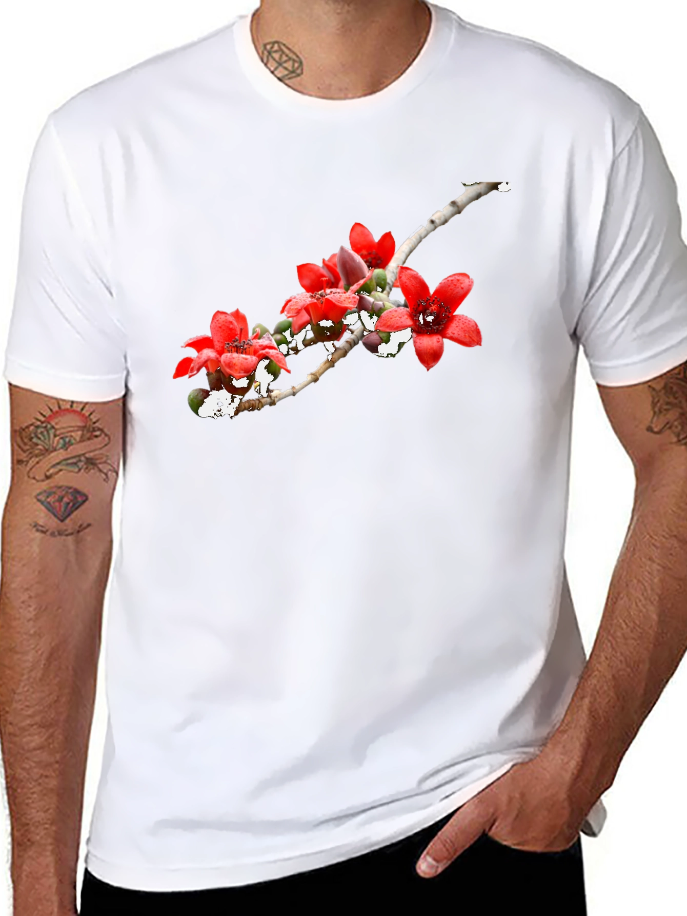 Floral Print Black Crew Neck T-Shirt