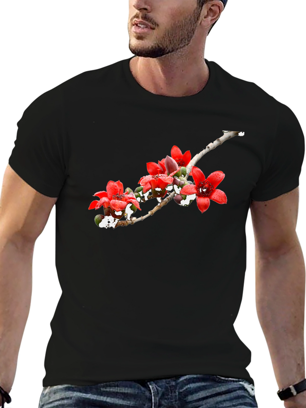 Floral Print Black Crew Neck T-Shirt