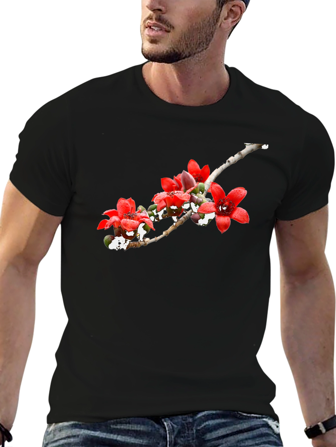 Floral Print Black Crew Neck T-Shirt