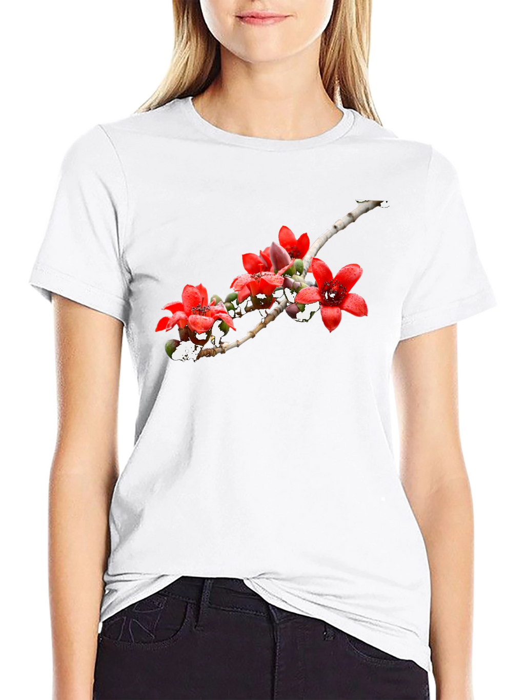 Floral Print Black Crew Neck T-Shirt