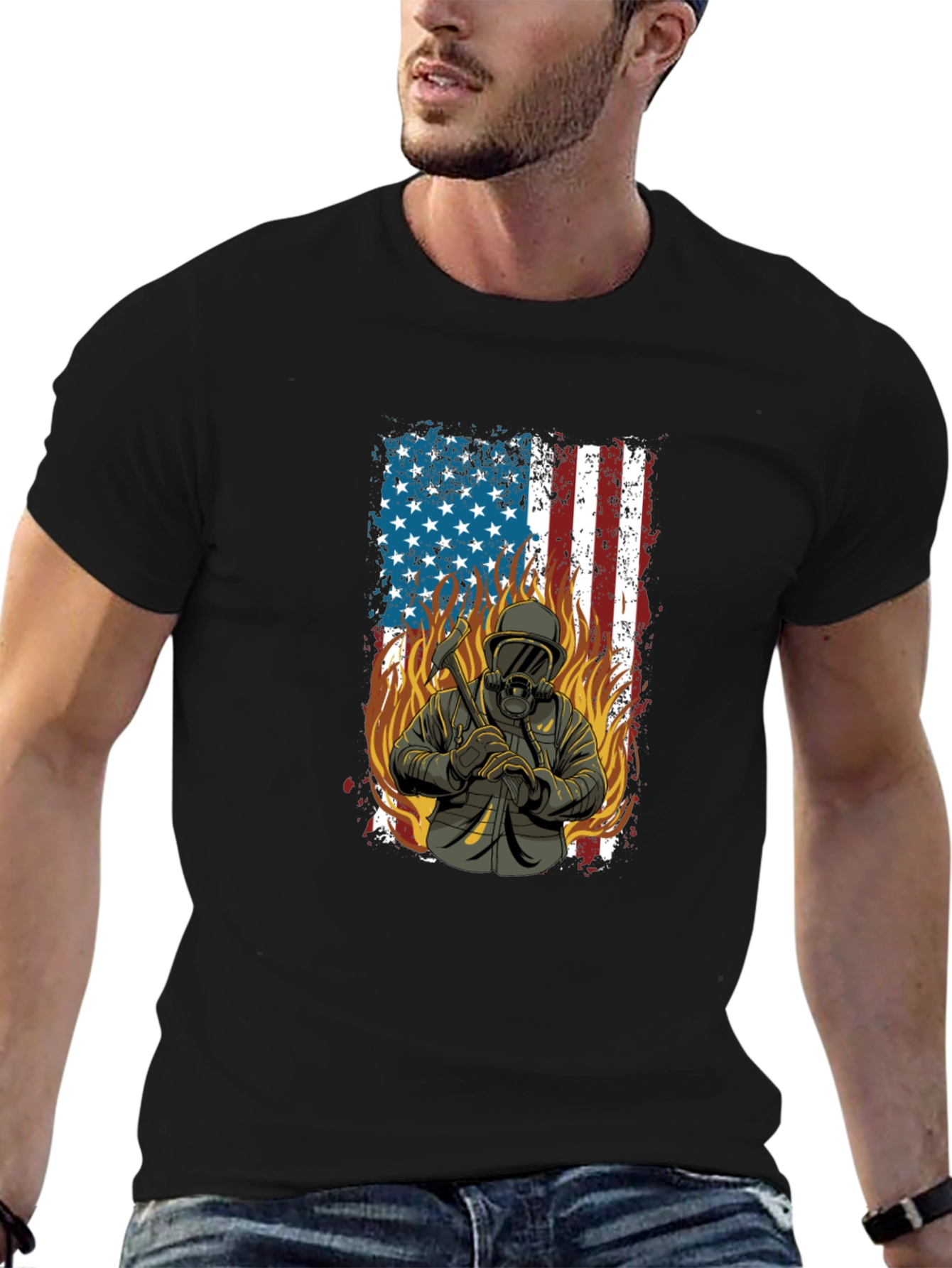 Firefighter USA Flag Graphic T-Shirt