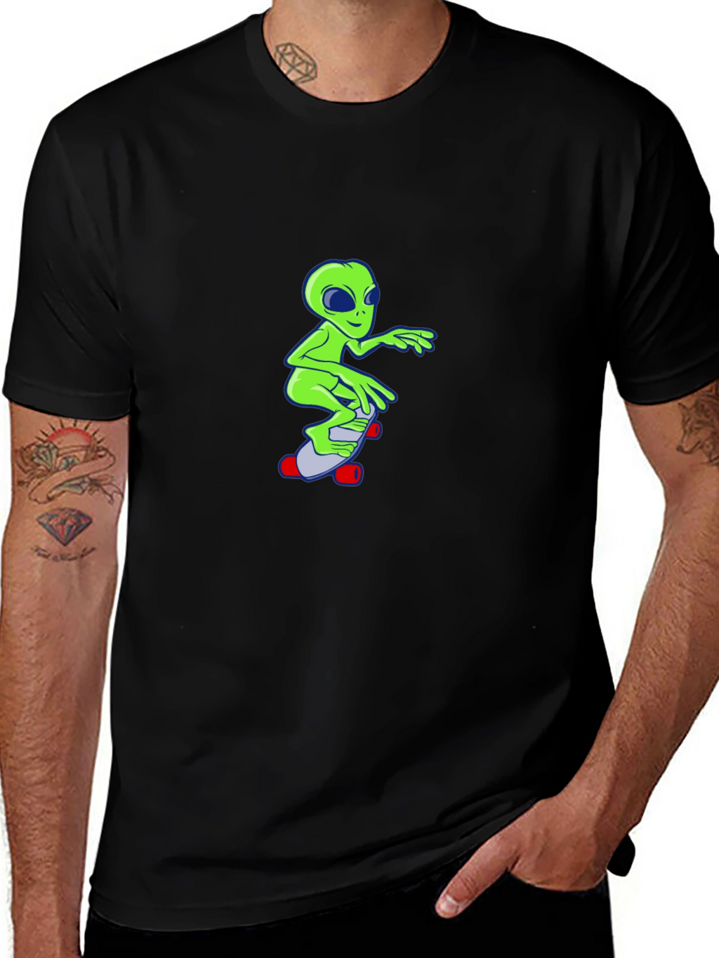 Alien Skateboard Graphic T-Shirt - Black