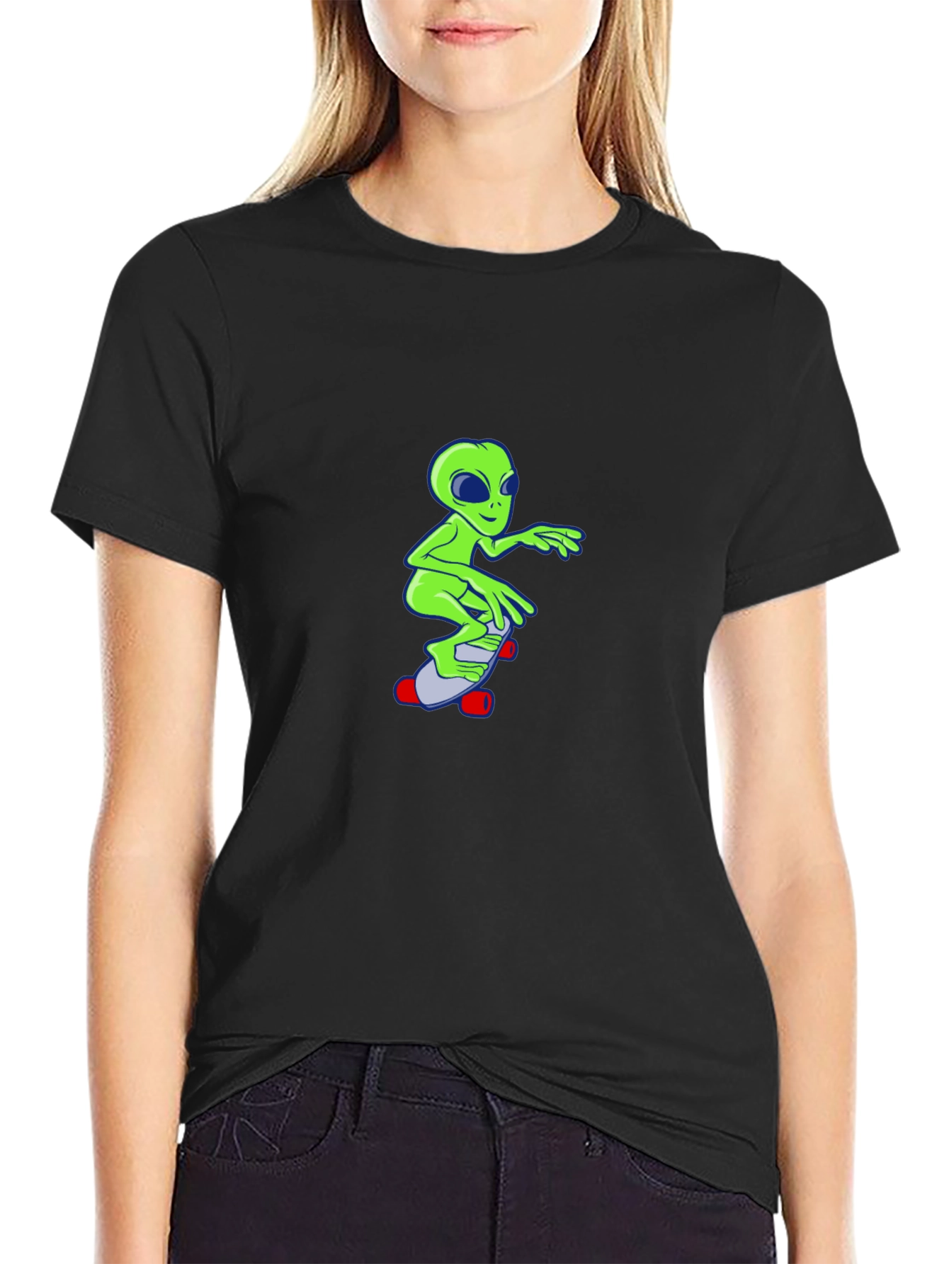 Alien Skateboard Graphic T-Shirt - Black