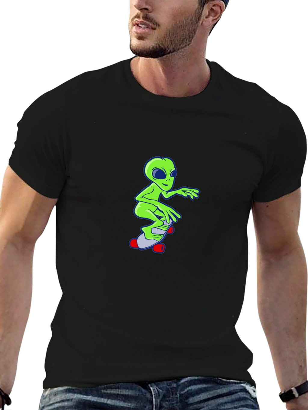 Alien Skateboard Graphic T-Shirt - Black