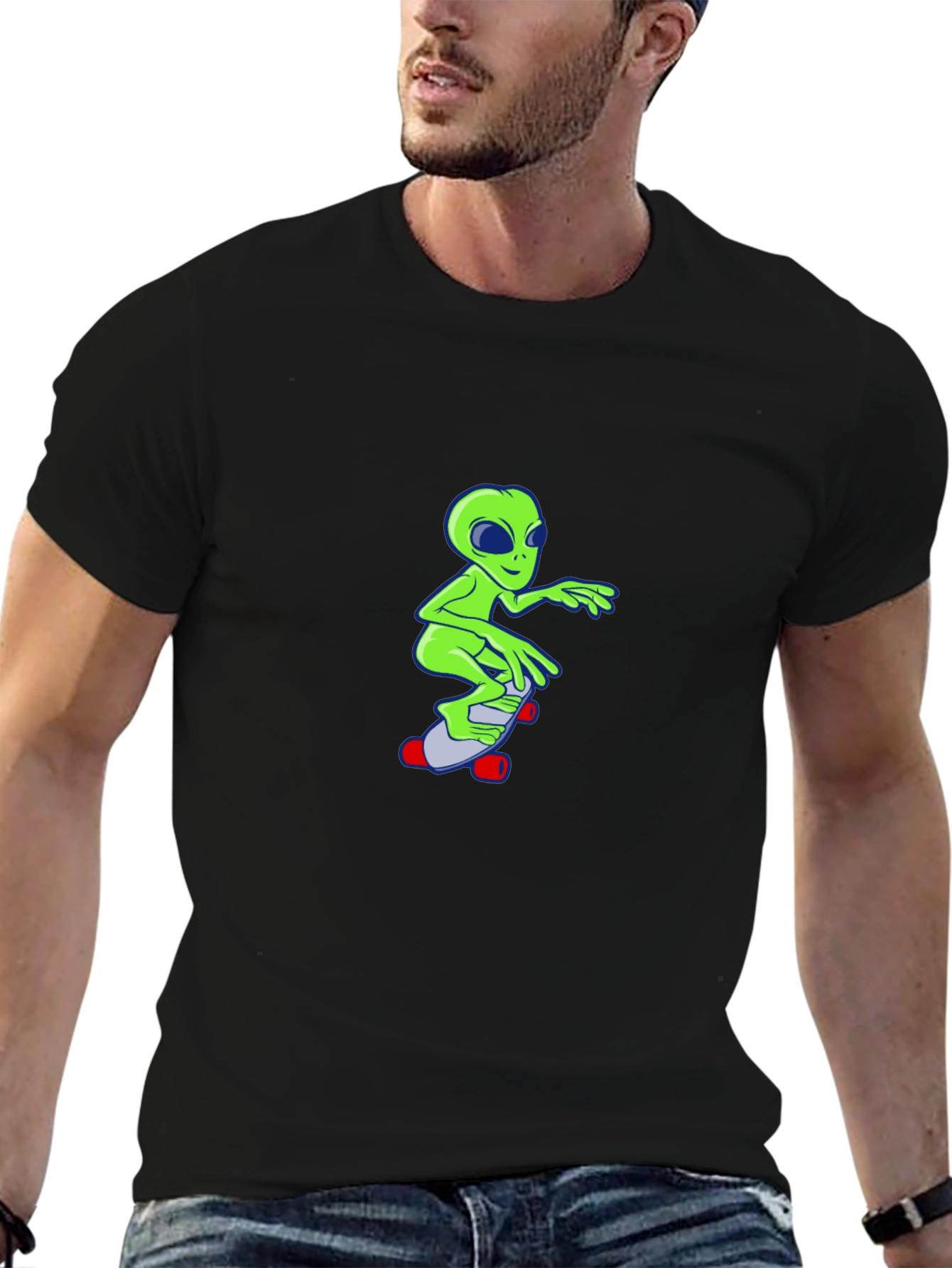 Alien Skateboard Graphic T-Shirt - Black