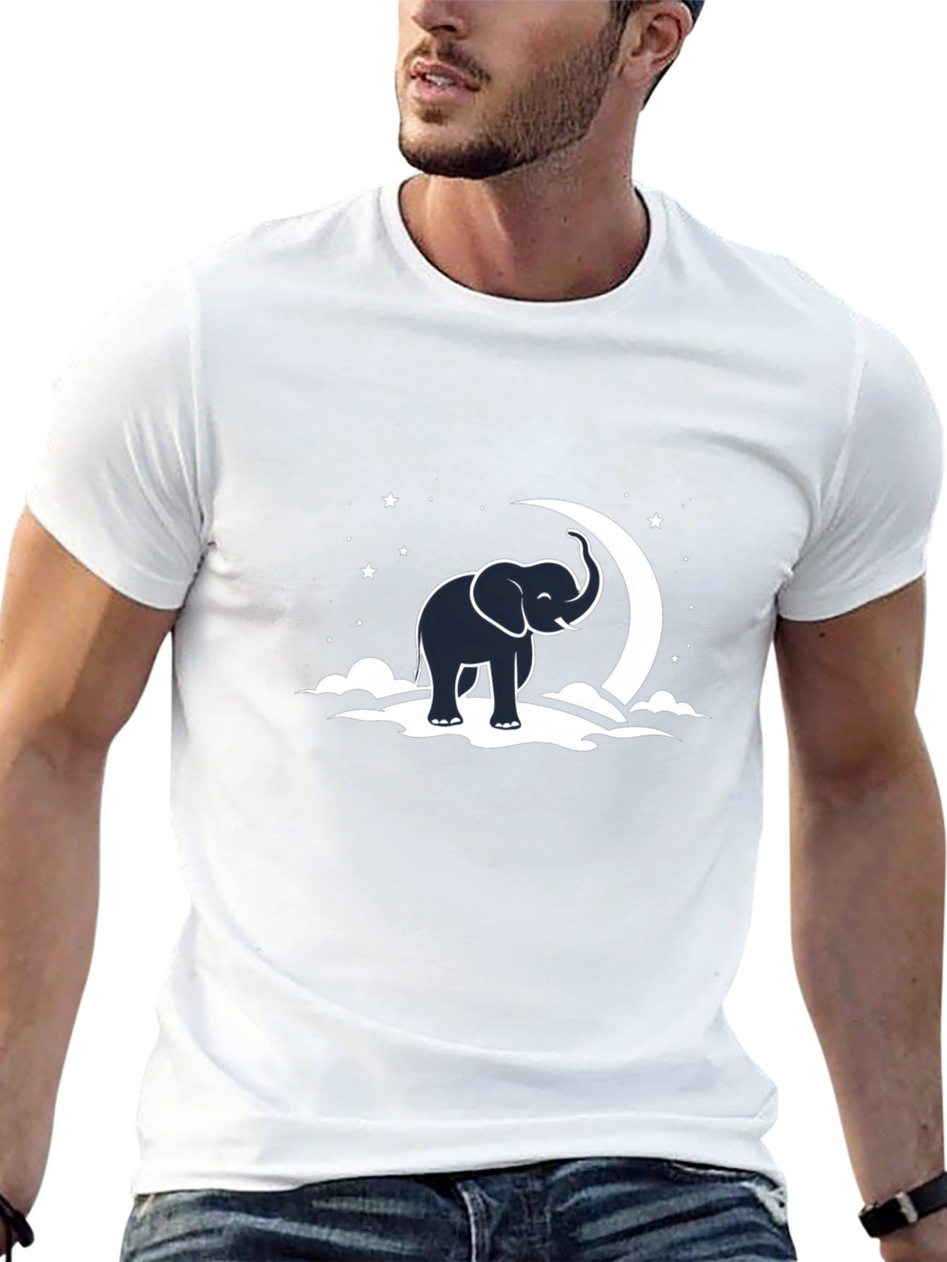 Elephant & Moon Graphic Tee - Black Cotton T-Shirt