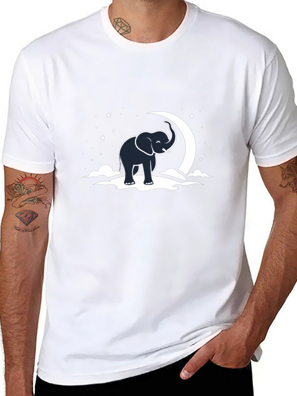 Elephant & Moon Graphic Tee - Black Cotton T-Shirt