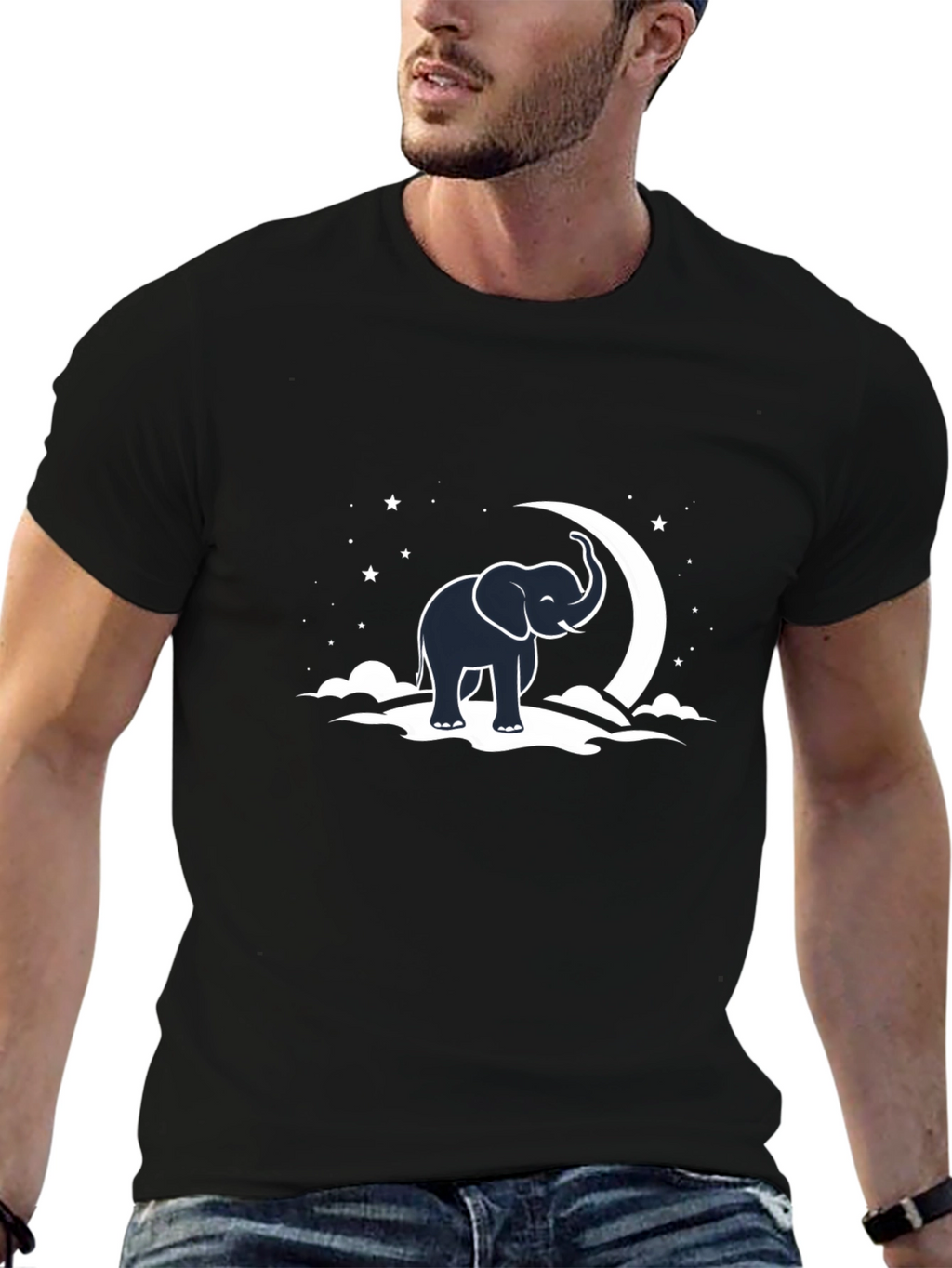 Elephant & Moon Graphic Tee - Black Cotton T-Shirt