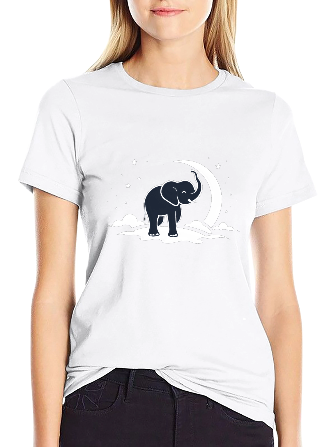 Elephant & Moon Graphic Tee - Black Cotton T-Shirt