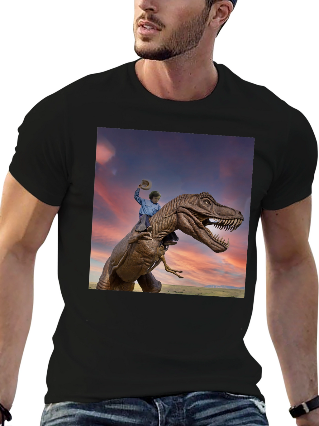 Dino Rider Graphic Tee - Black Cotton T-Shirt