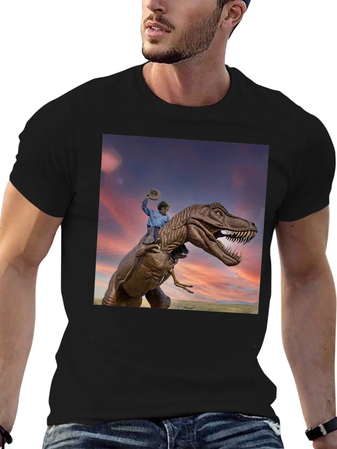 Dino Rider Graphic Tee - Black Cotton T-Shirt