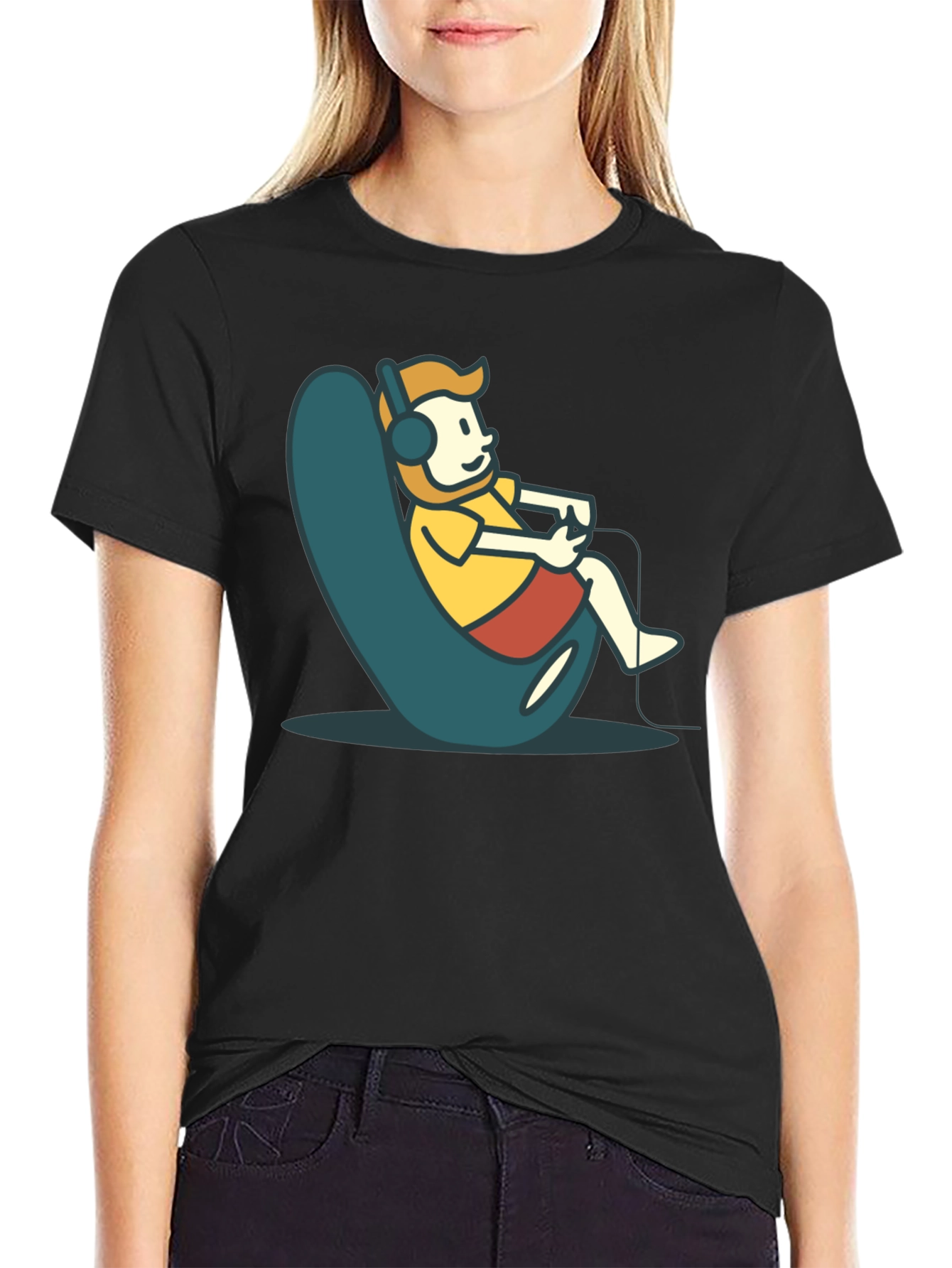 Gamer Cartoon Graphic Tee - Black Cotton Comfort