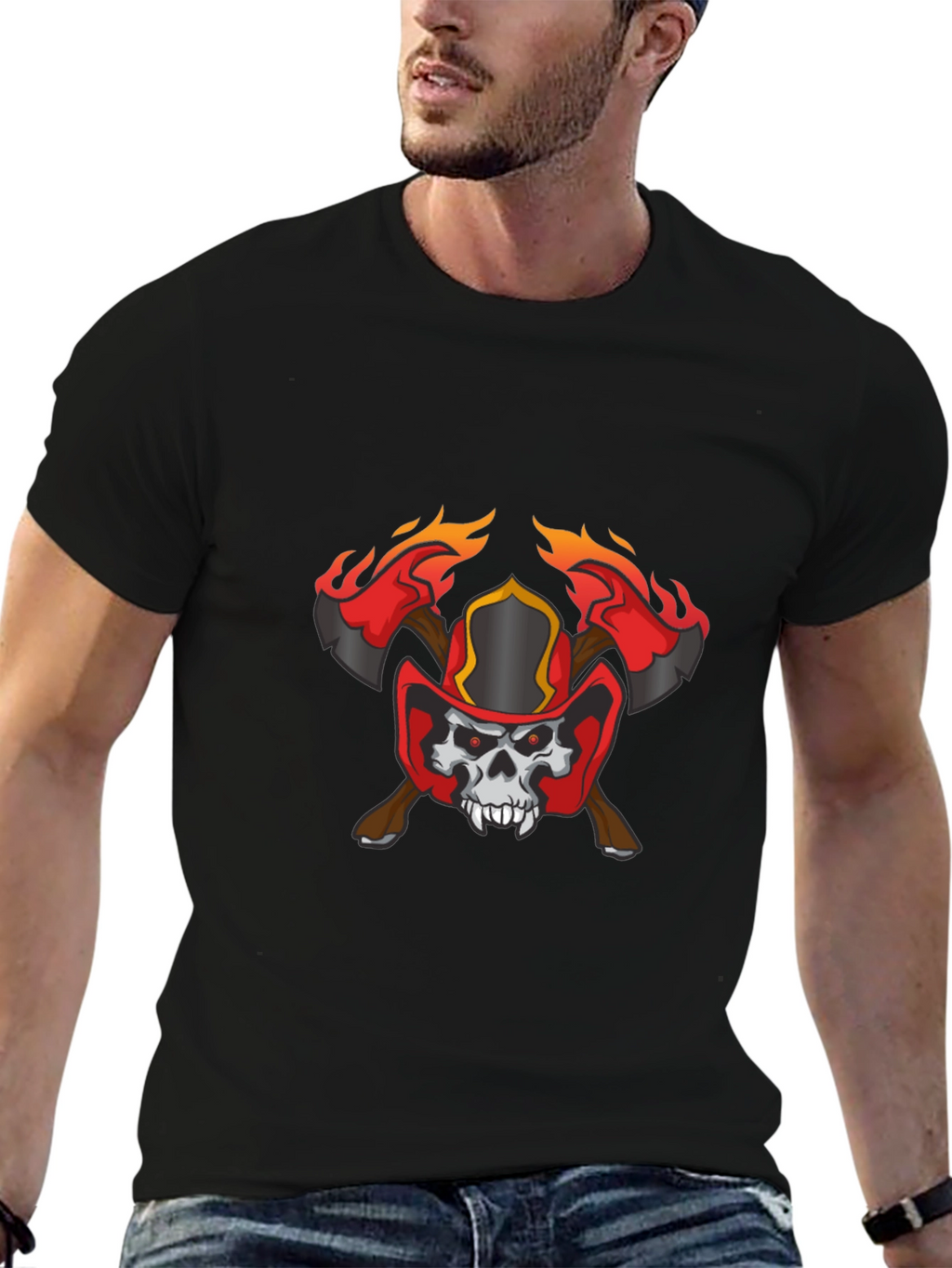 Skull Firefighter Axe Graphic T-Shirt