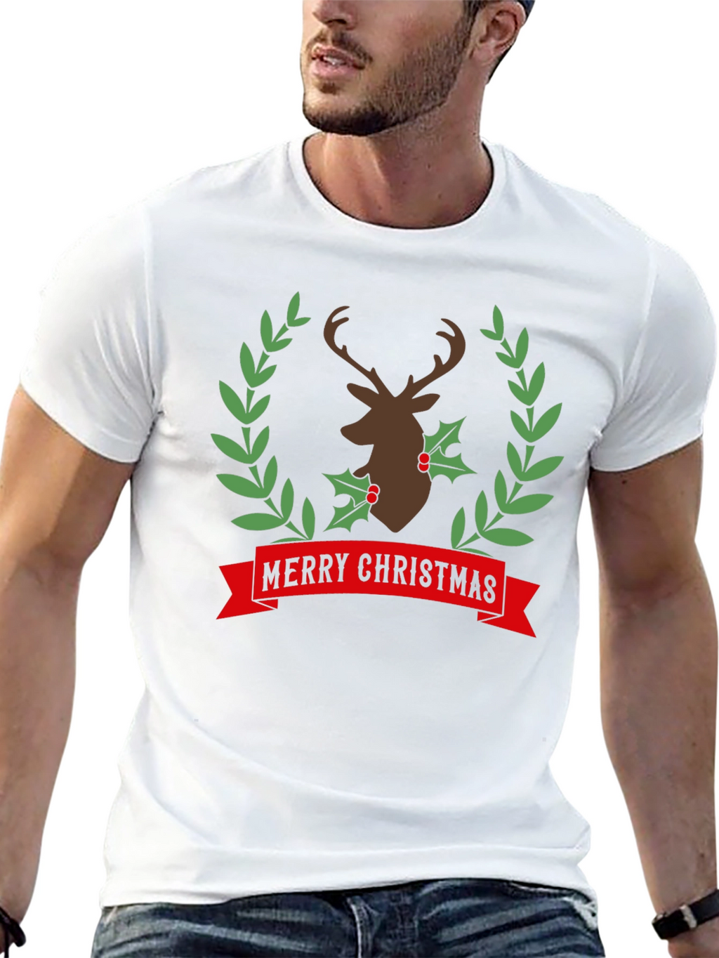 Merry Christmas Deer Wreath Graphic Tee