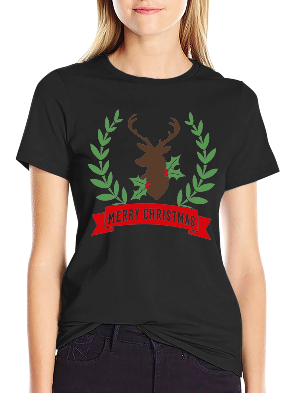 Merry Christmas Deer Wreath Graphic Tee