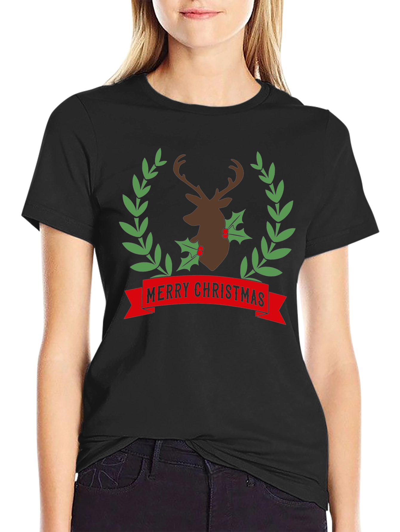 Merry Christmas Deer Wreath Graphic Tee
