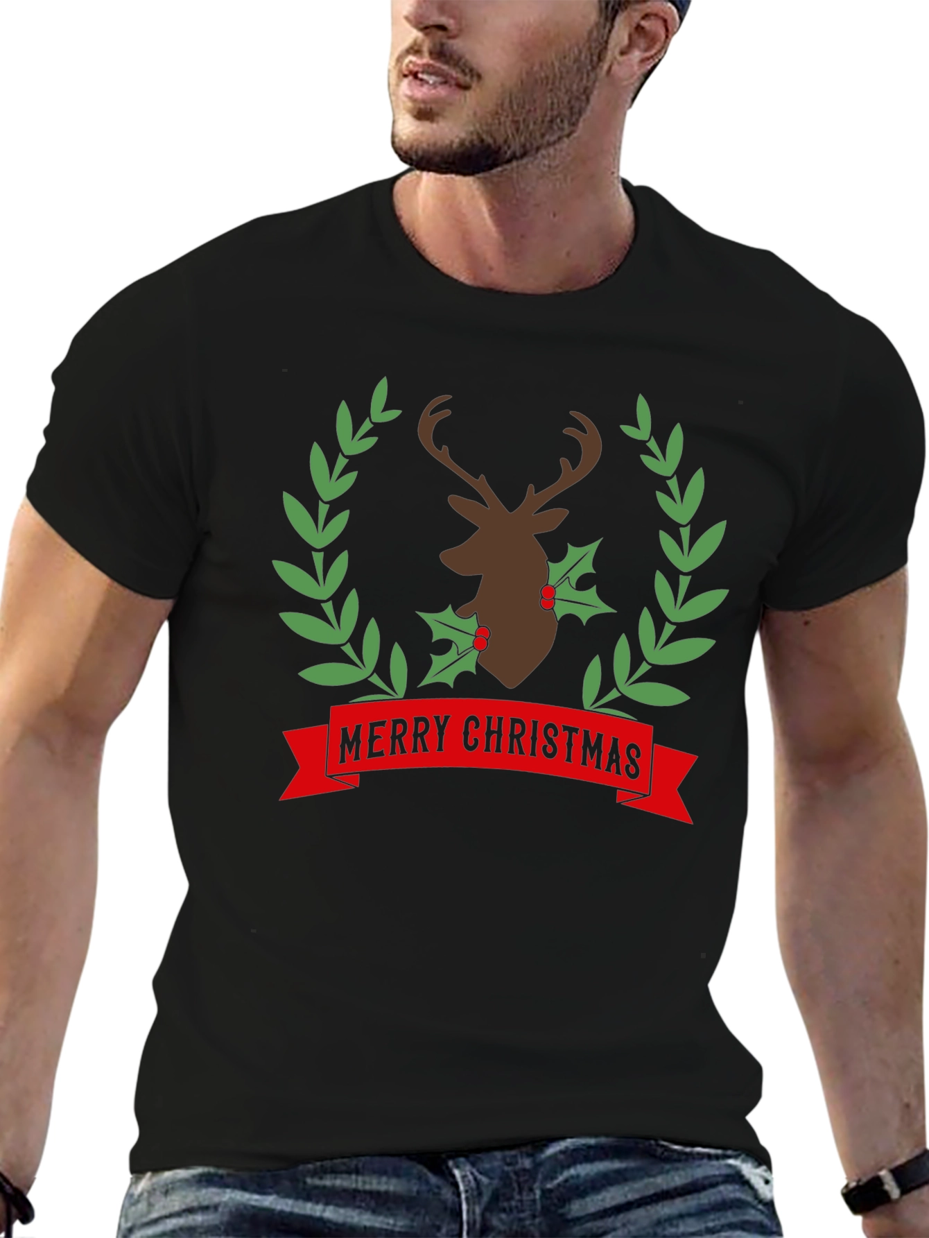 Merry Christmas Deer Wreath Graphic Tee