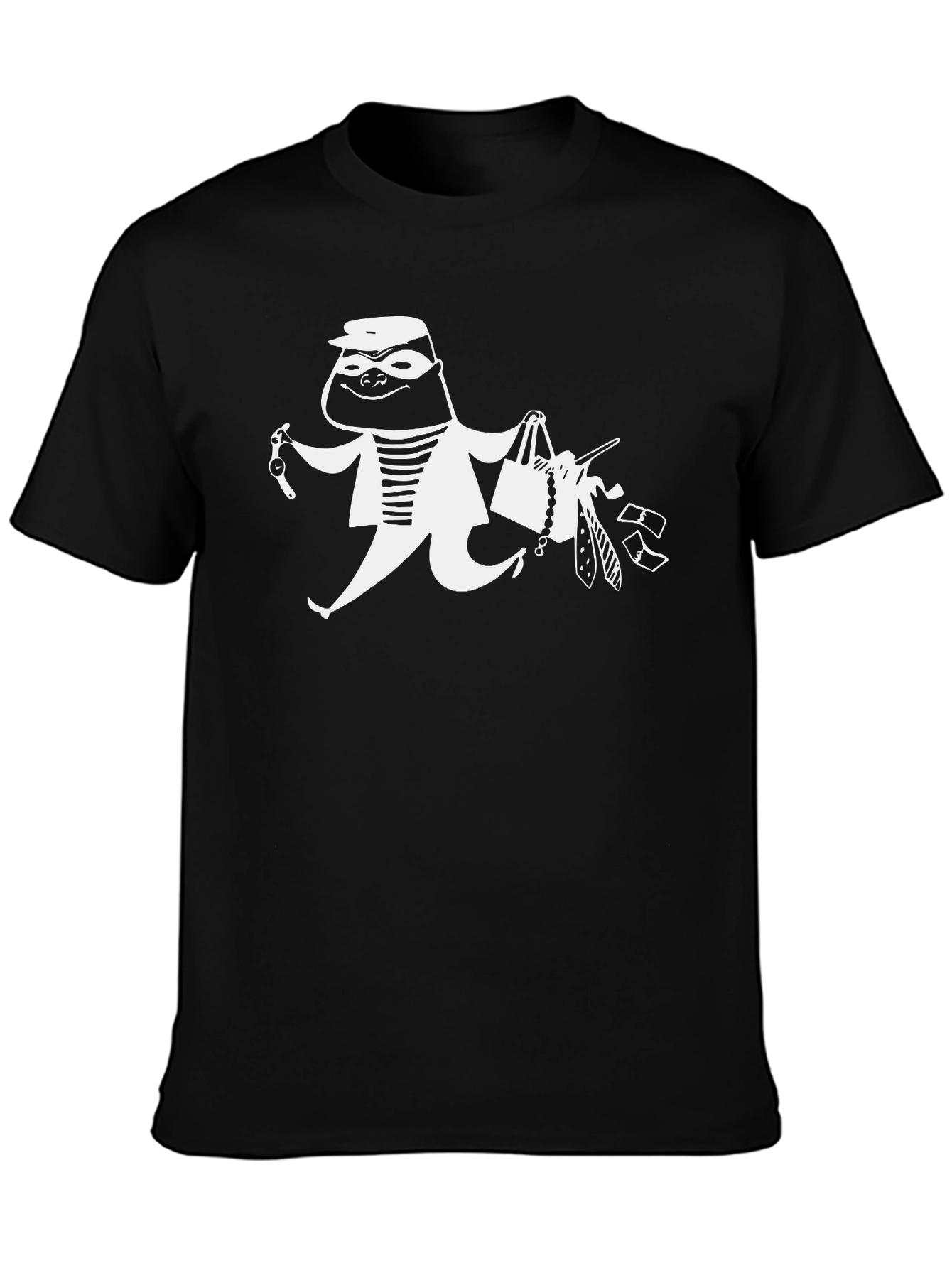 Cartoon Burglar Graphic T-Shirt - Black Crew Neck