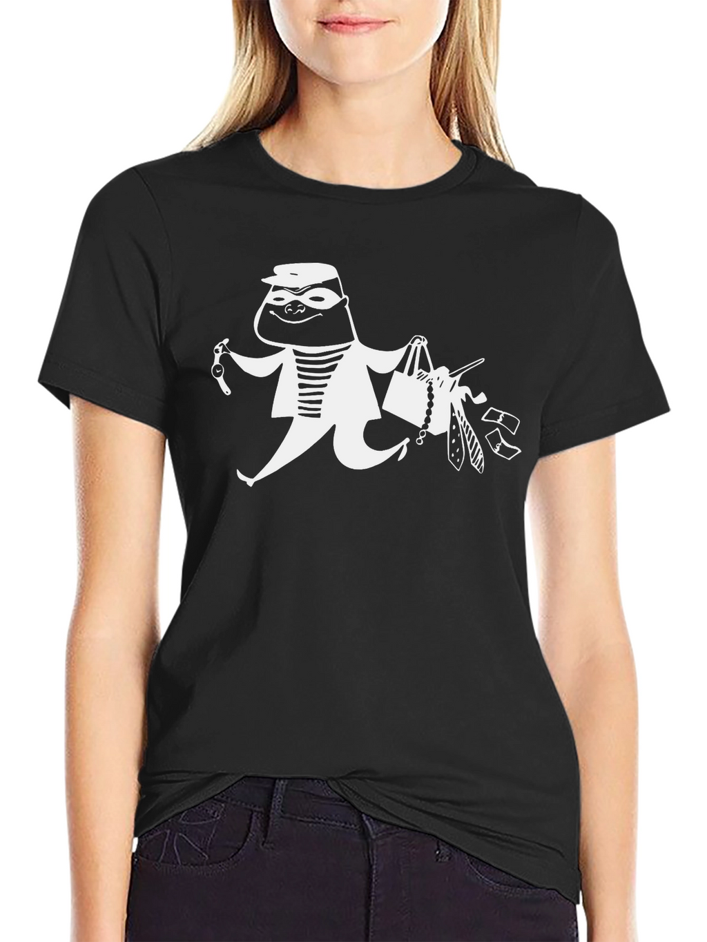 Cartoon Burglar Graphic T-Shirt - Black Crew Neck