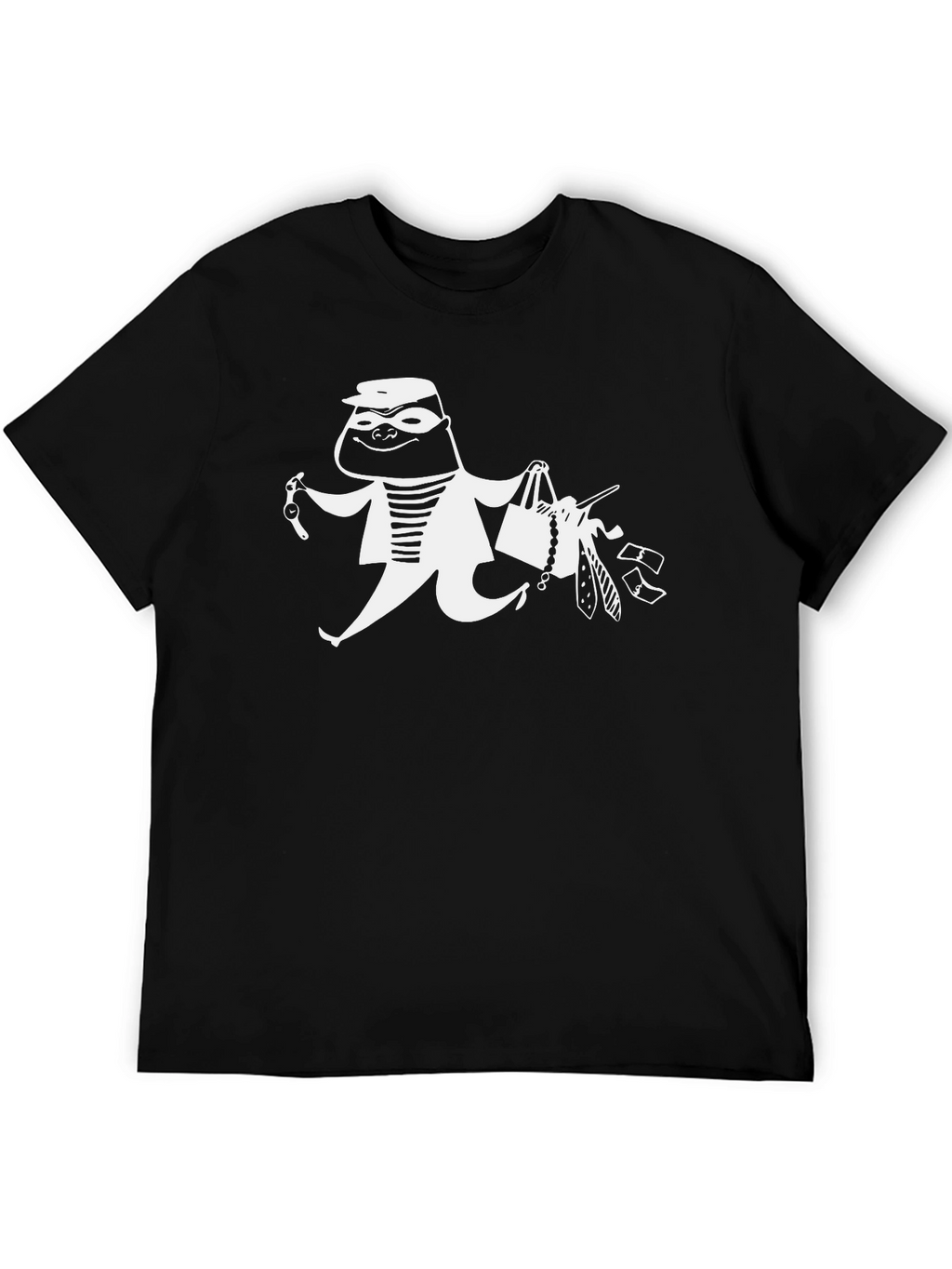 Cartoon Burglar Graphic T-Shirt - Black Crew Neck
