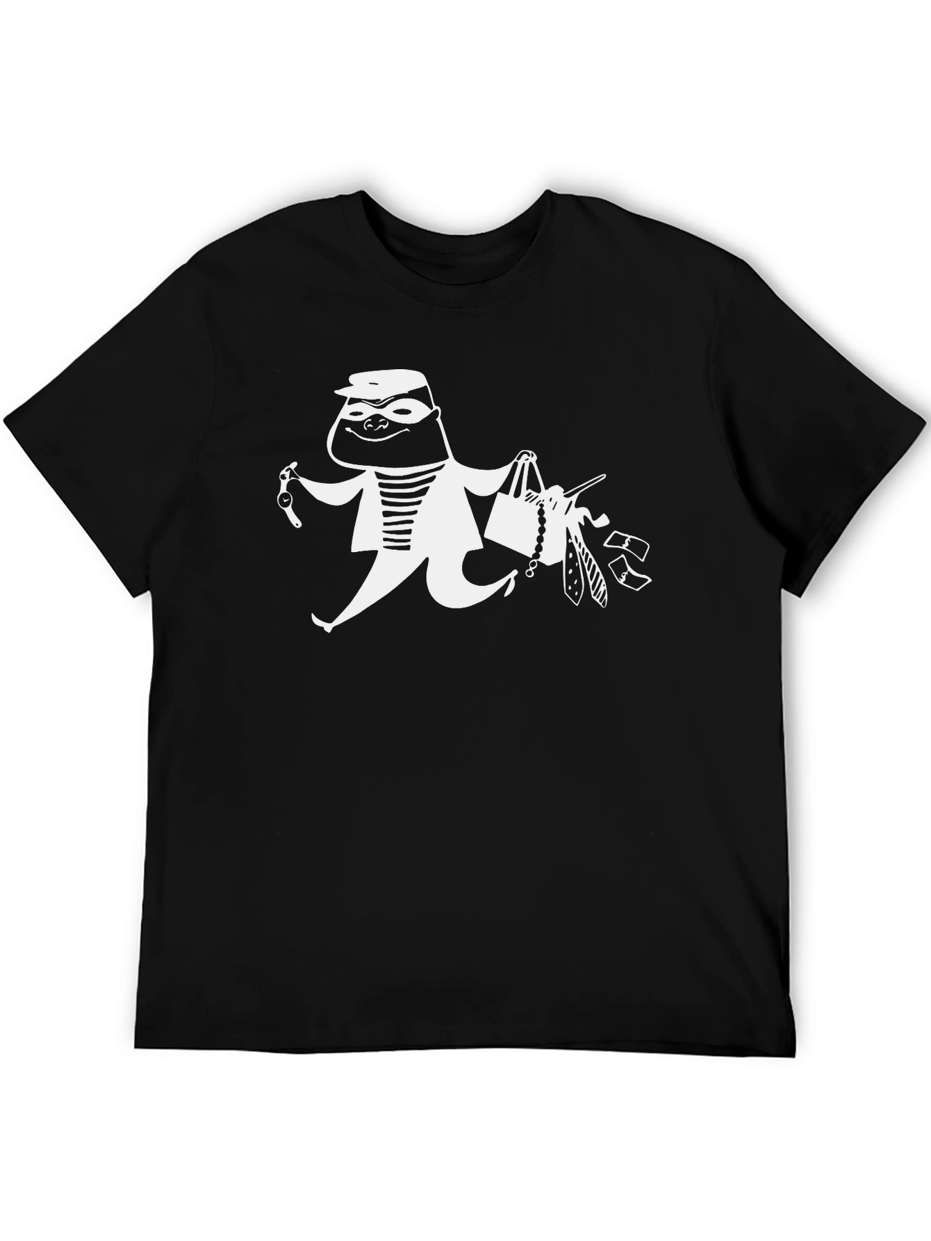 Cartoon Burglar Graphic T-Shirt - Black Crew Neck