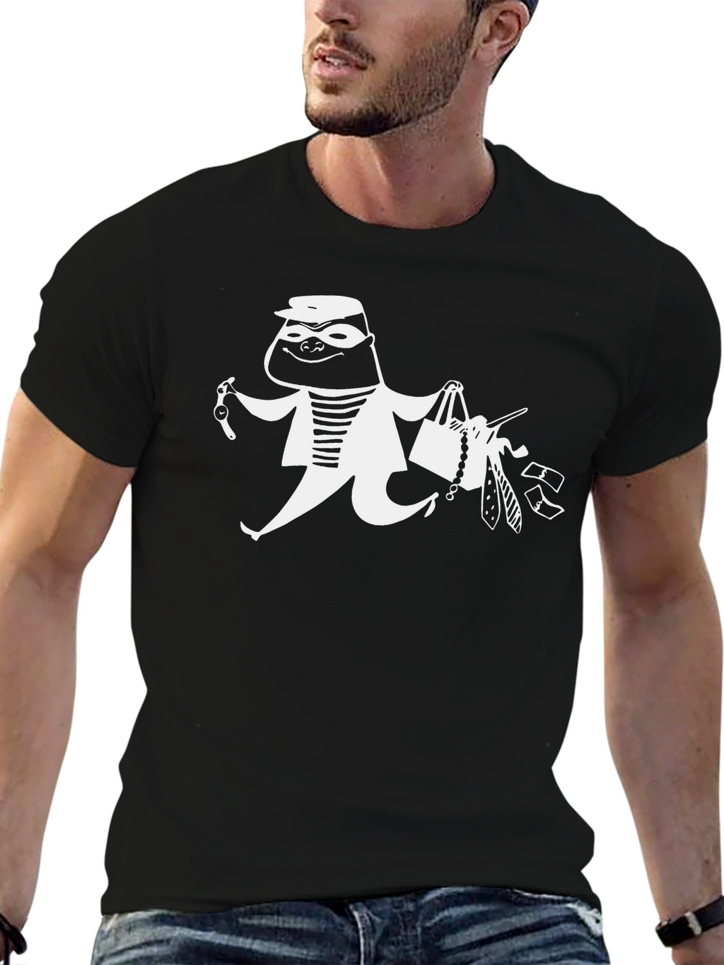 Cartoon Burglar Graphic T-Shirt - Black Crew Neck