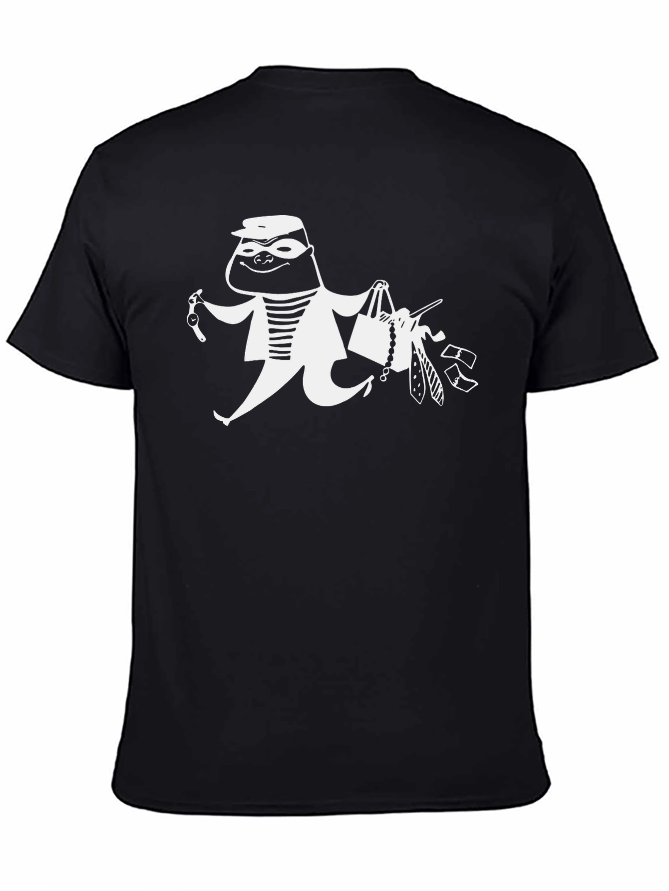 Cartoon Burglar Graphic T-Shirt - Black Crew Neck