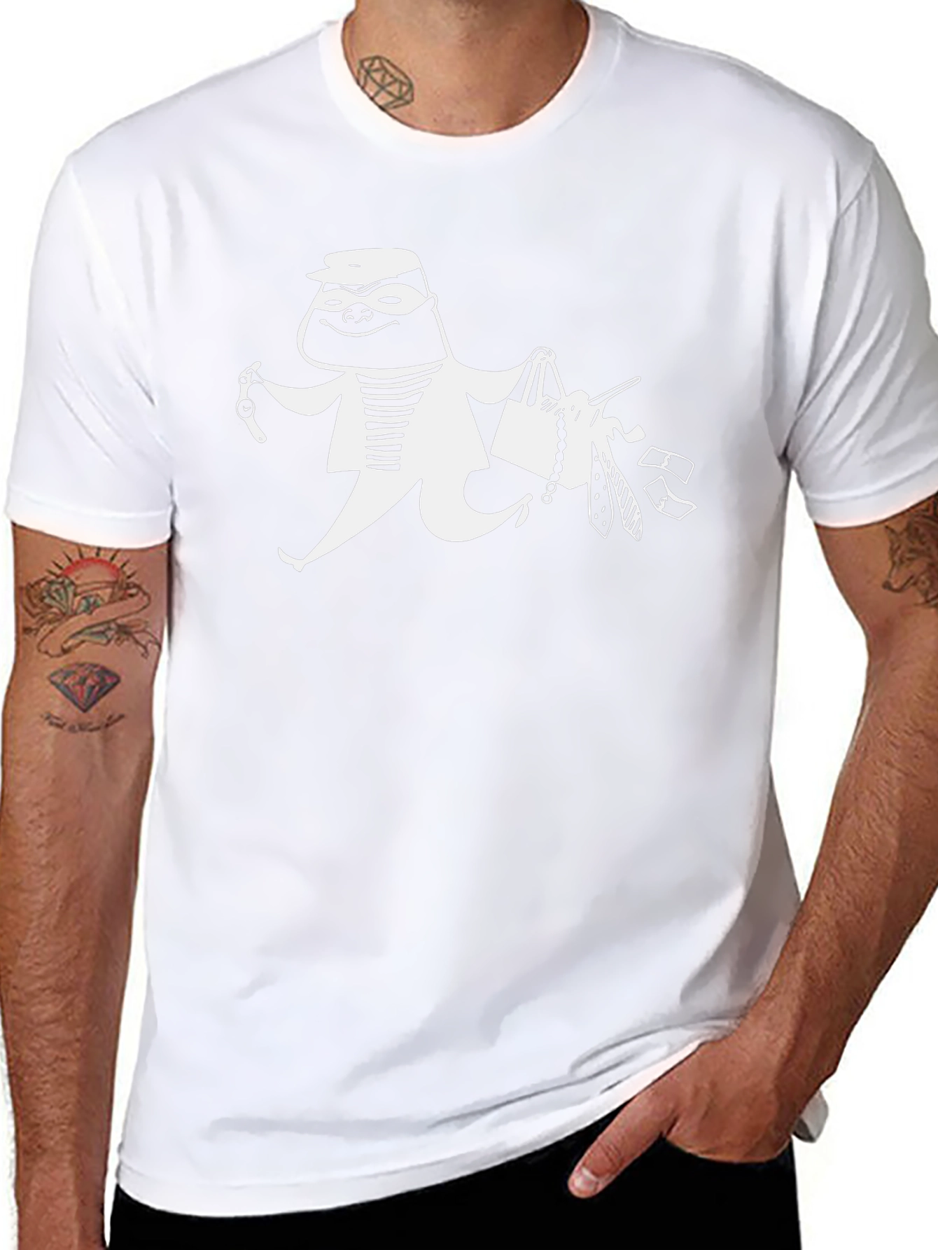 Cartoon Burglar Graphic T-Shirt - Black Crew Neck