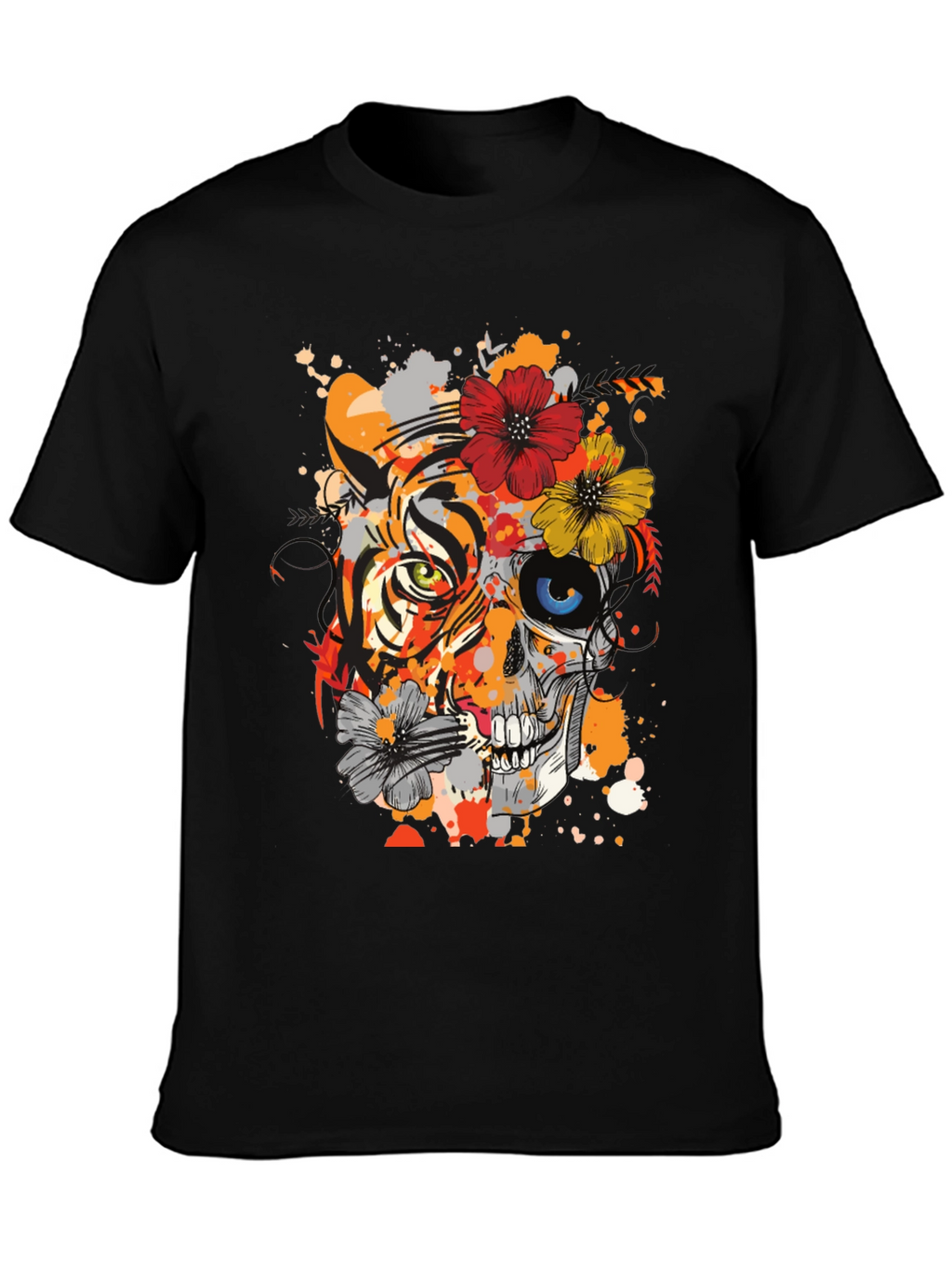 Tiger Skull Floral Graphic T-Shirt - Unique Design