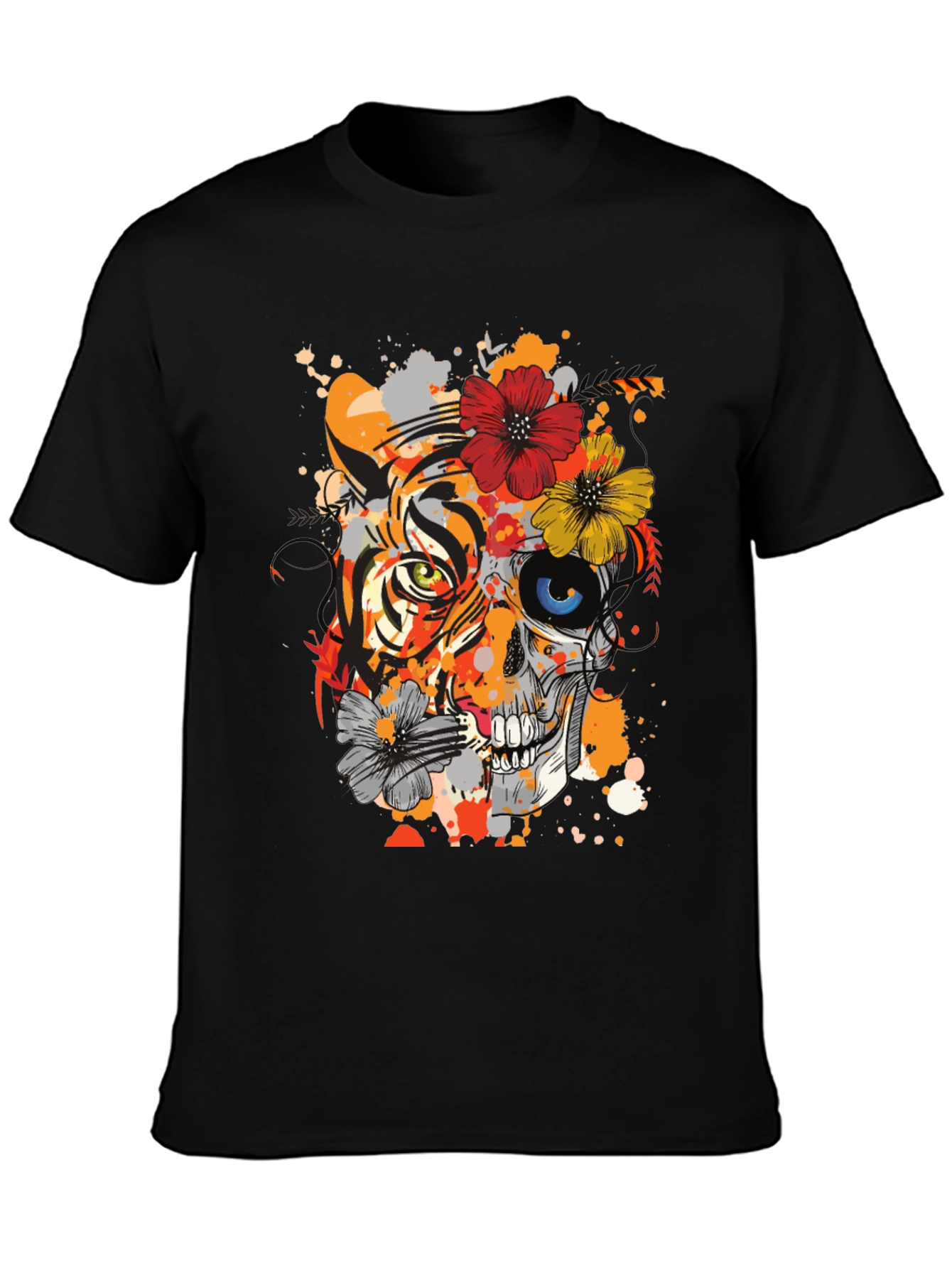 Tiger Skull Floral Graphic T-Shirt - Unique Design