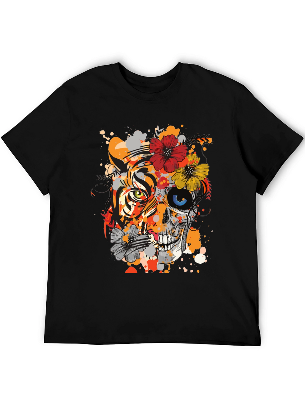 Tiger Skull Floral Graphic T-Shirt - Unique Design