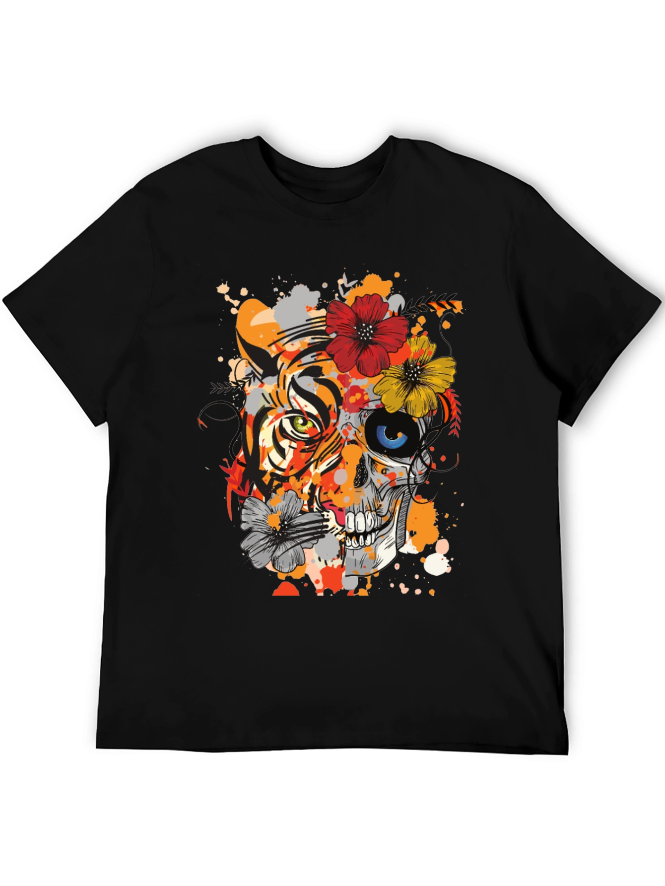 Tiger Skull Floral Graphic T-Shirt - Unique Design