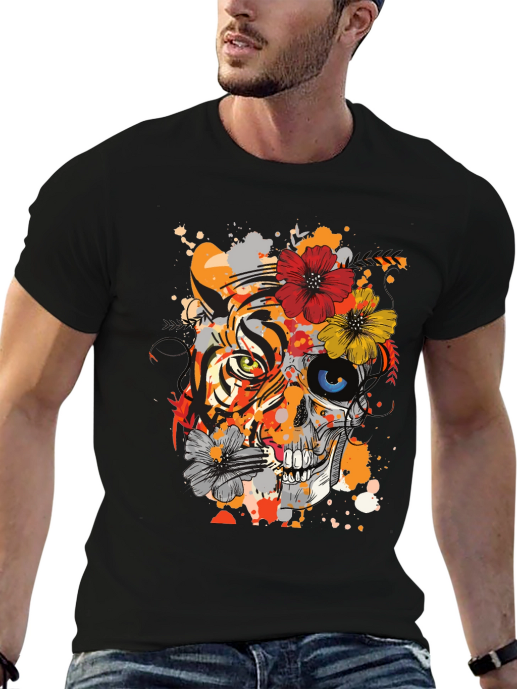 Tiger Skull Floral Graphic T-Shirt - Unique Design