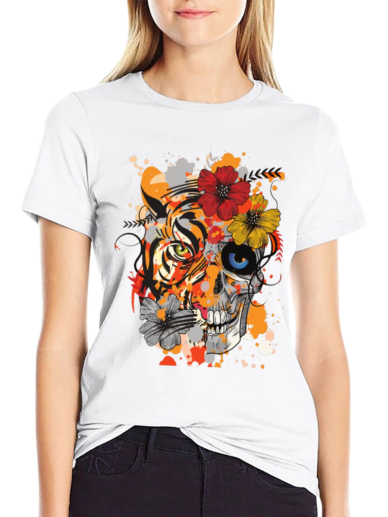 Tiger Skull Floral Graphic T-Shirt - Unique Design