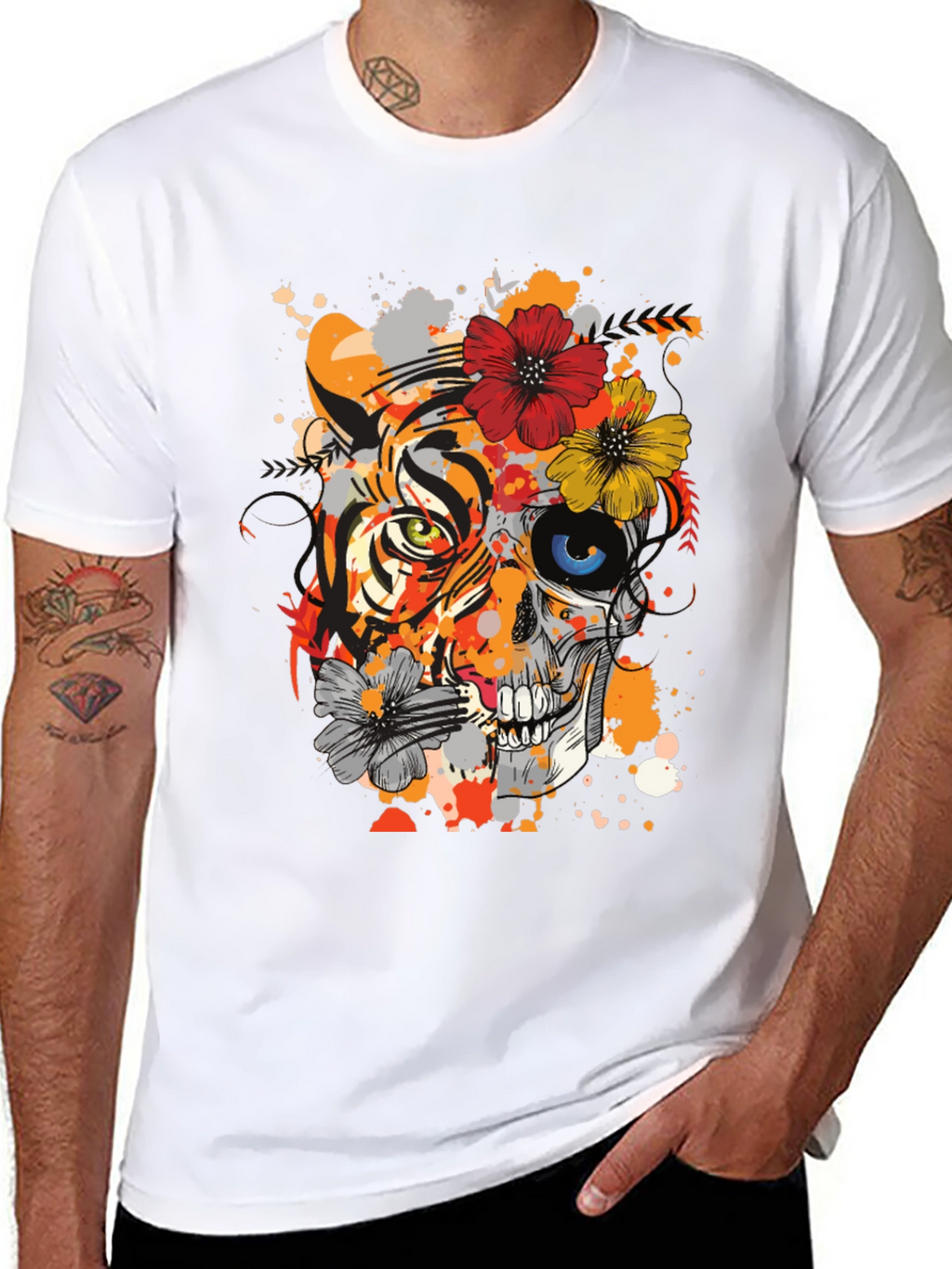 Tiger Skull Floral Graphic T-Shirt - Unique Design