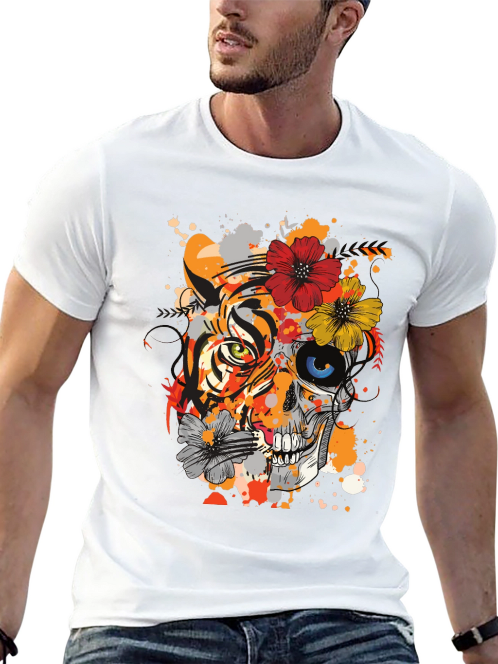 Tiger Skull Floral Graphic T-Shirt - Unique Design