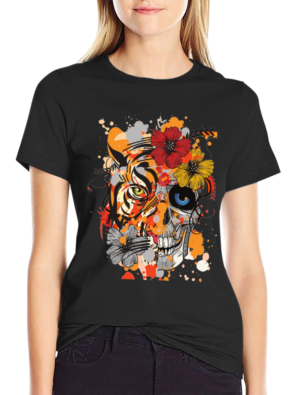 Tiger Skull Floral Graphic T-Shirt - Unique Design