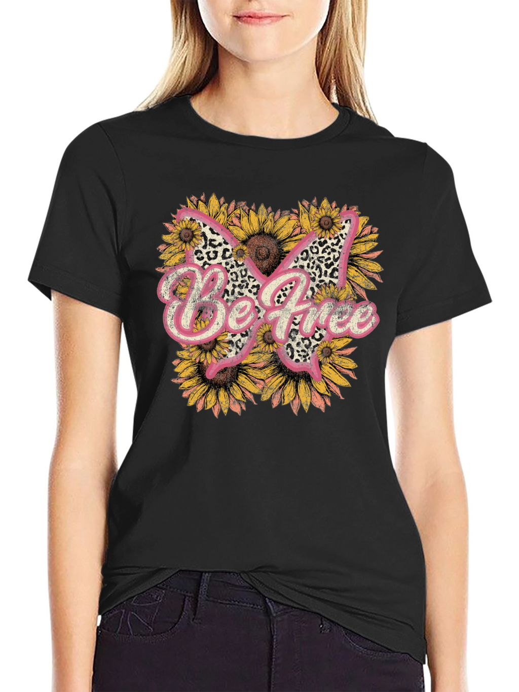 Be Free Leopard Butterfly Sunflower Graphic Tee