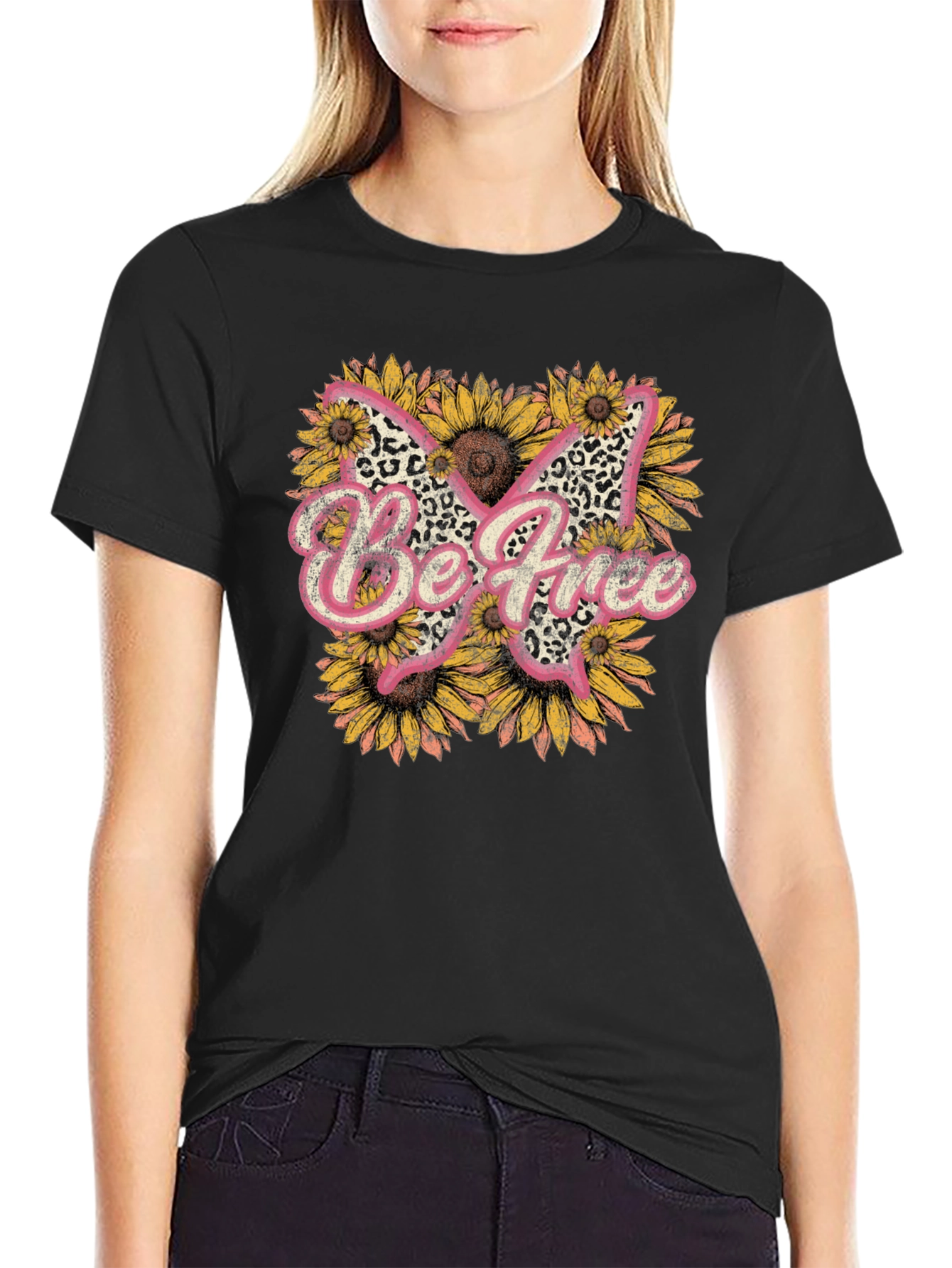 Be Free Leopard Butterfly Sunflower Graphic Tee