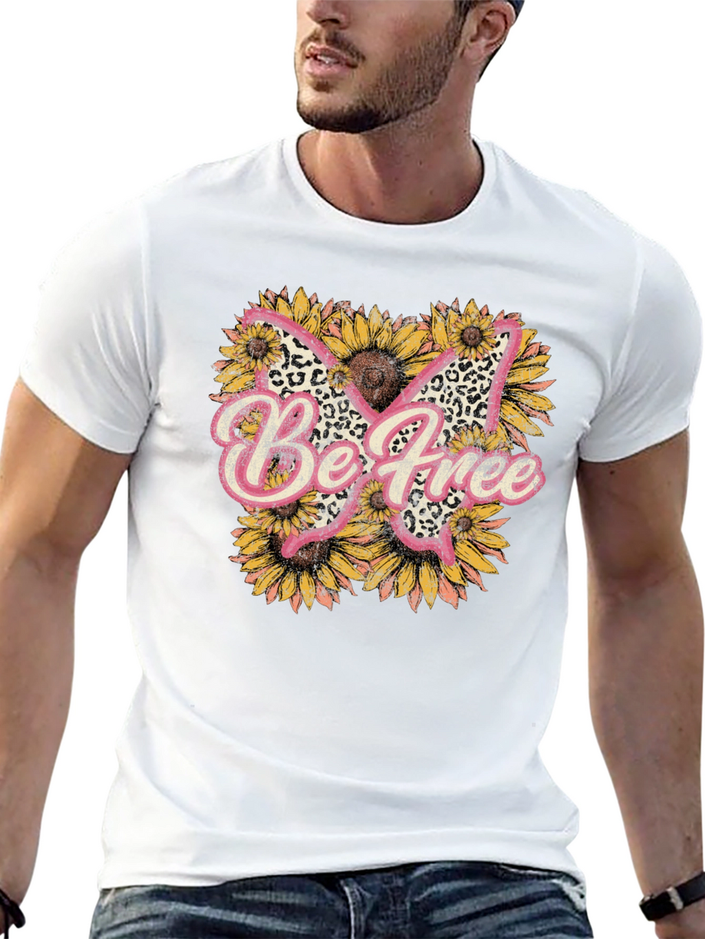 Be Free Leopard Butterfly Sunflower Graphic Tee