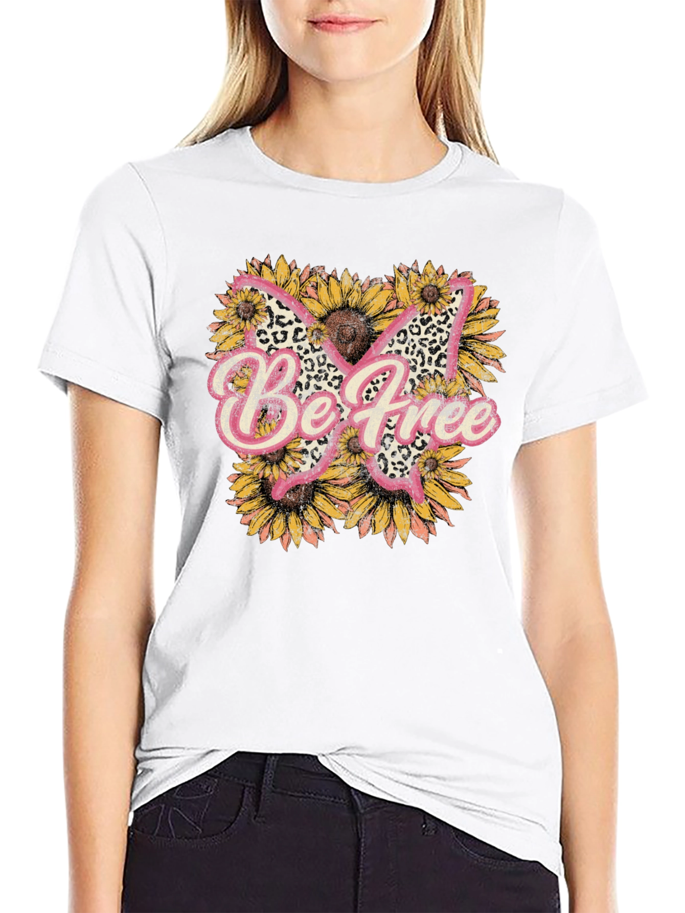 Be Free Leopard Butterfly Sunflower Graphic Tee