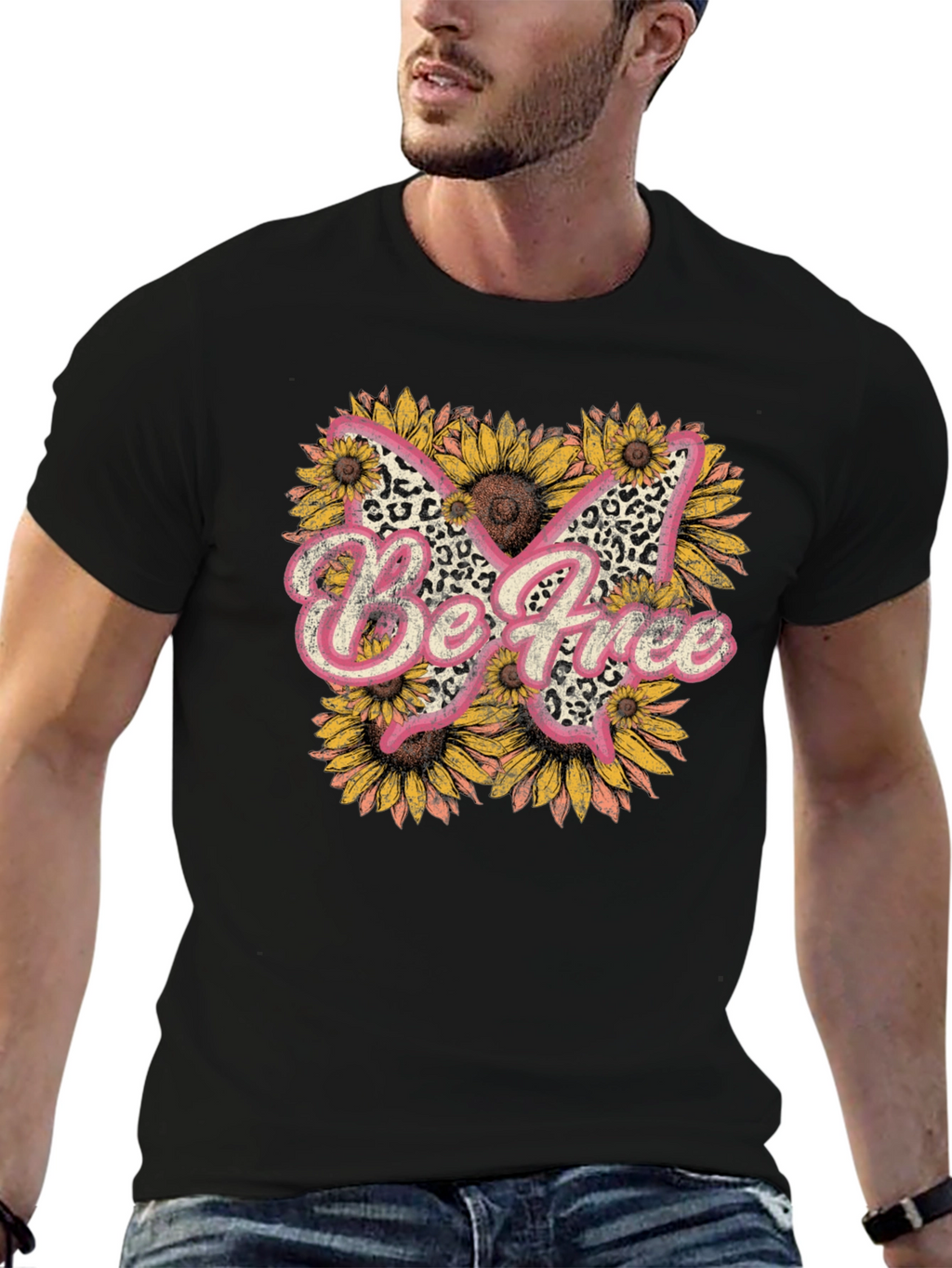 Be Free Leopard Butterfly Sunflower Graphic Tee