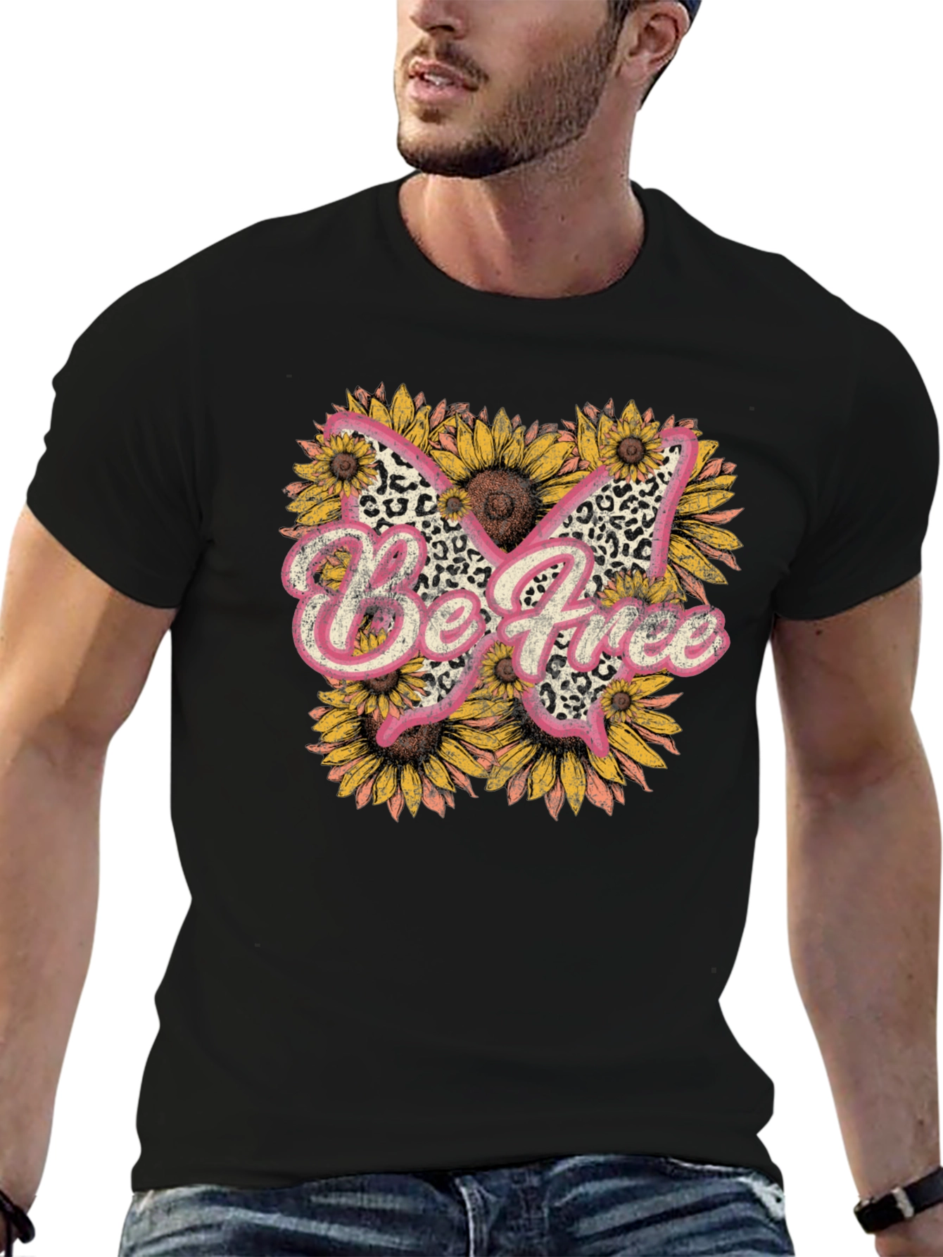 Be Free Leopard Butterfly Sunflower Graphic Tee