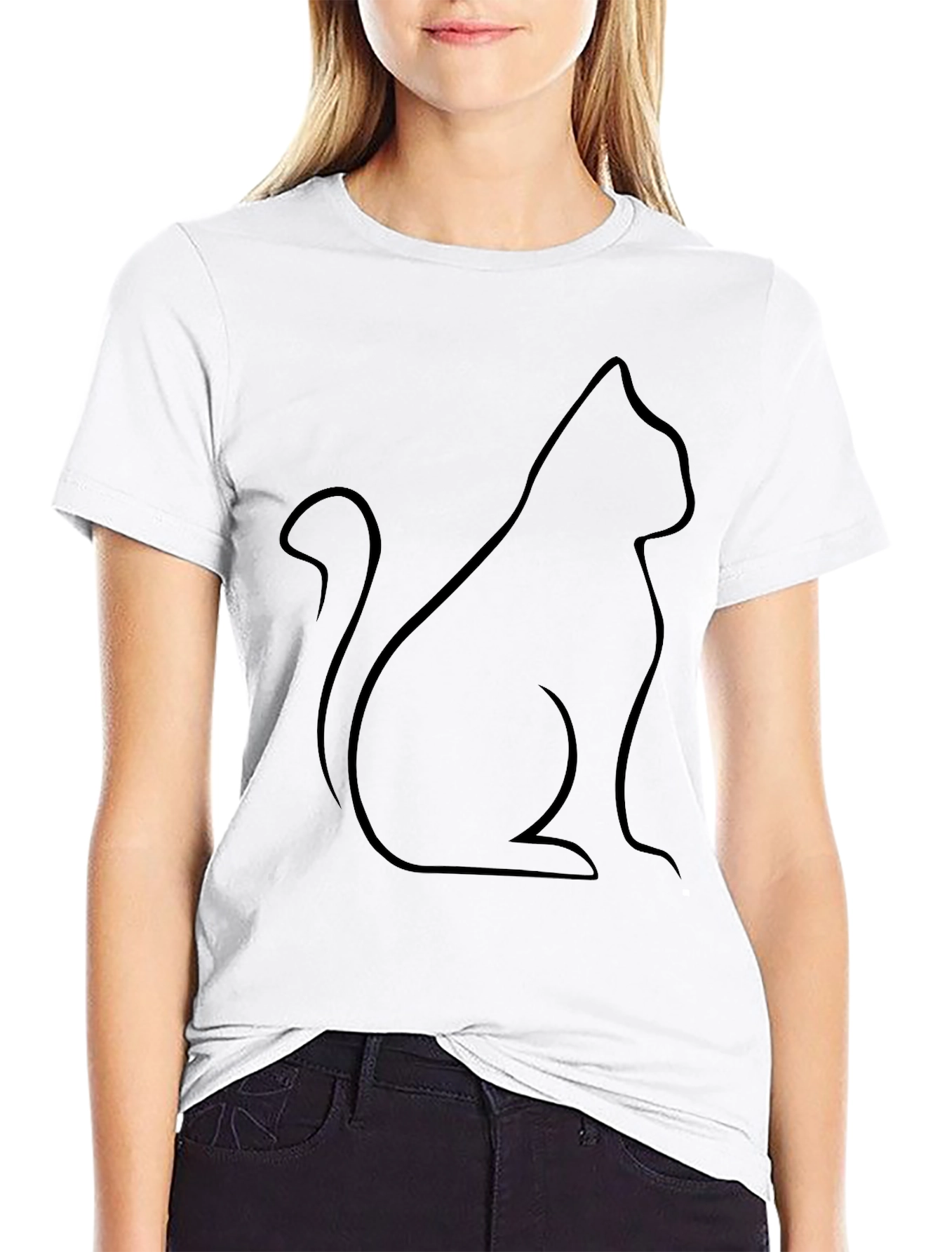 Black Cat Outline T-Shirt - Minimalist Design