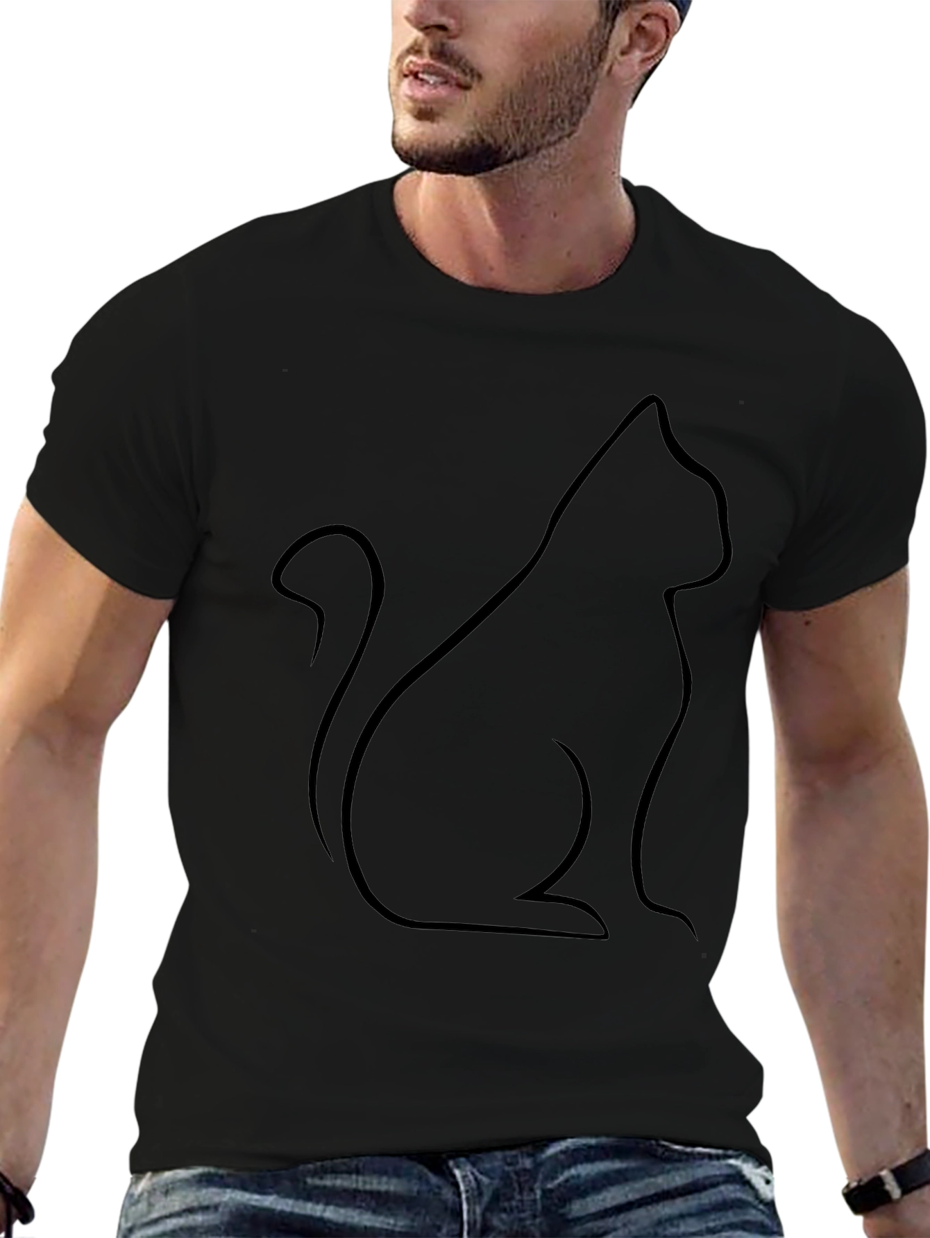 Black Cat Outline T-Shirt - Minimalist Design
