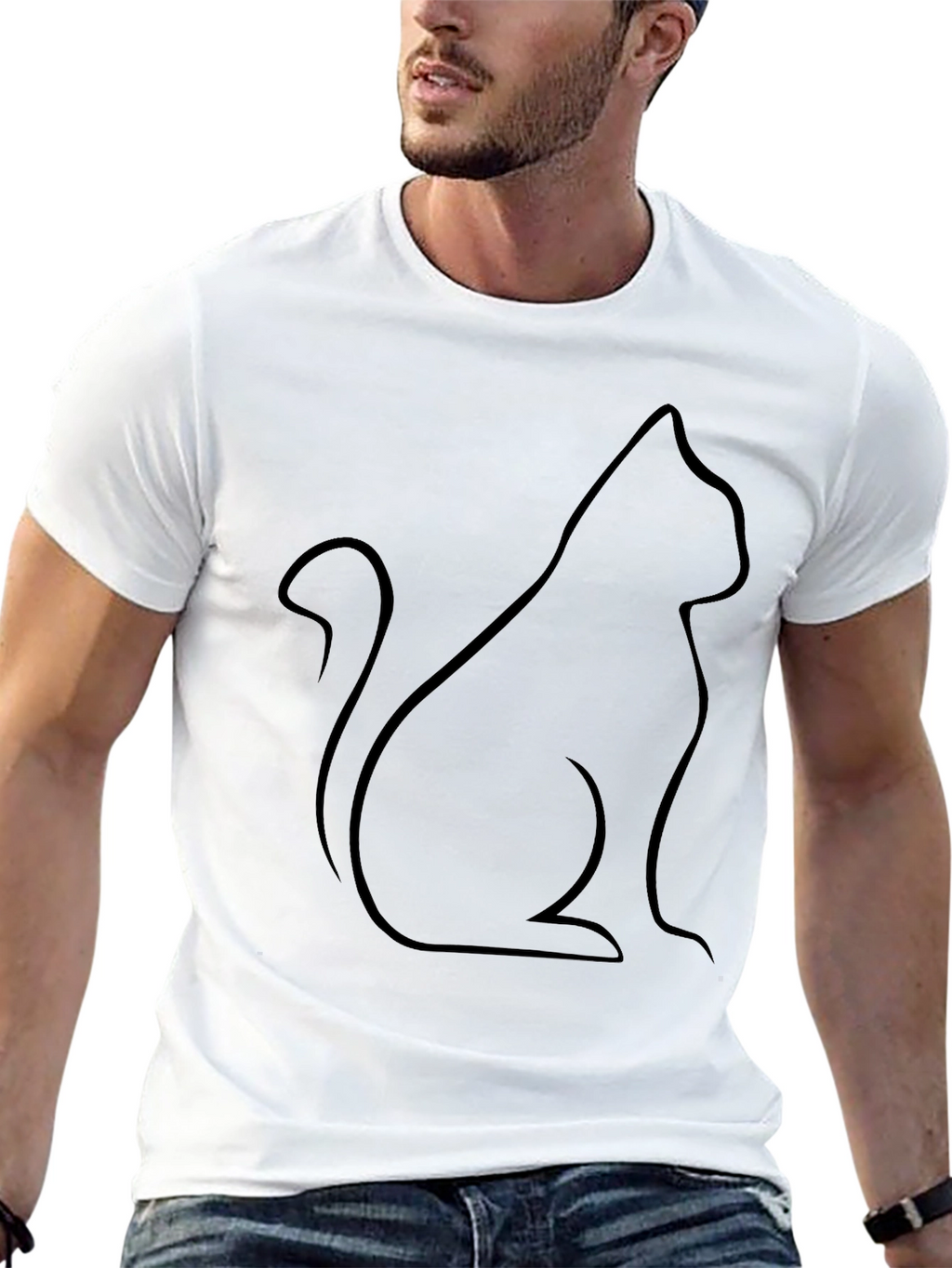 Black Cat Outline T-Shirt - Minimalist Design