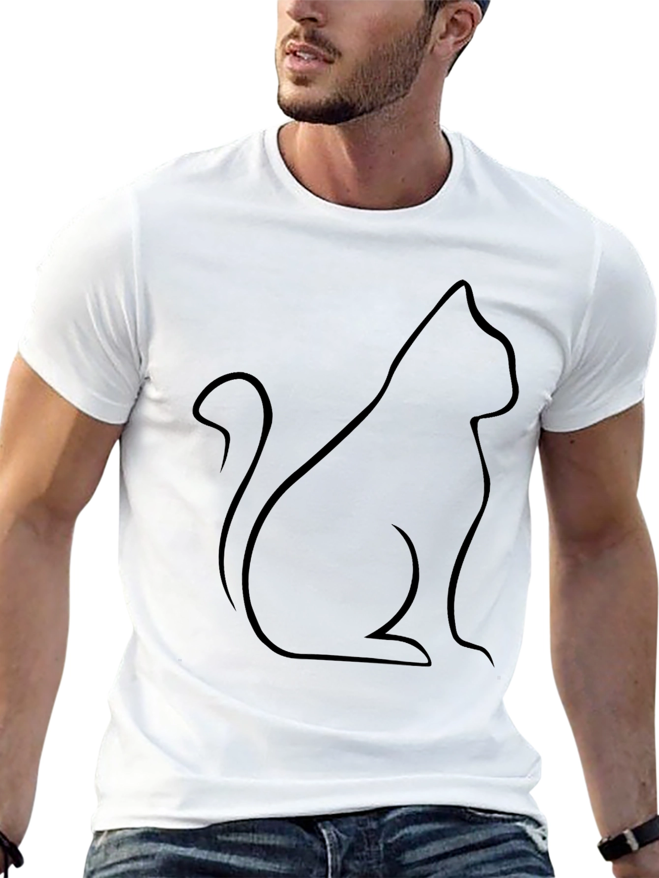 Black Cat Outline T-Shirt - Minimalist Design