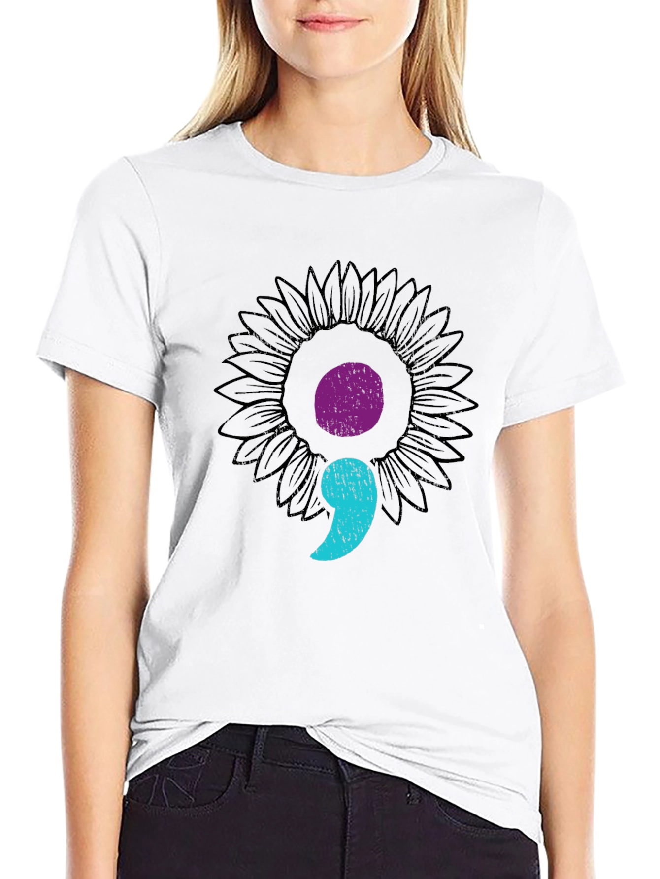 Semicolon Sunflower Black Tee - Mental Health Awareness