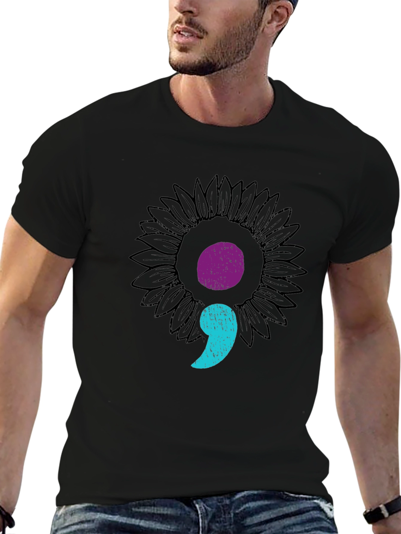 Semicolon Sunflower Black Tee - Mental Health Awareness