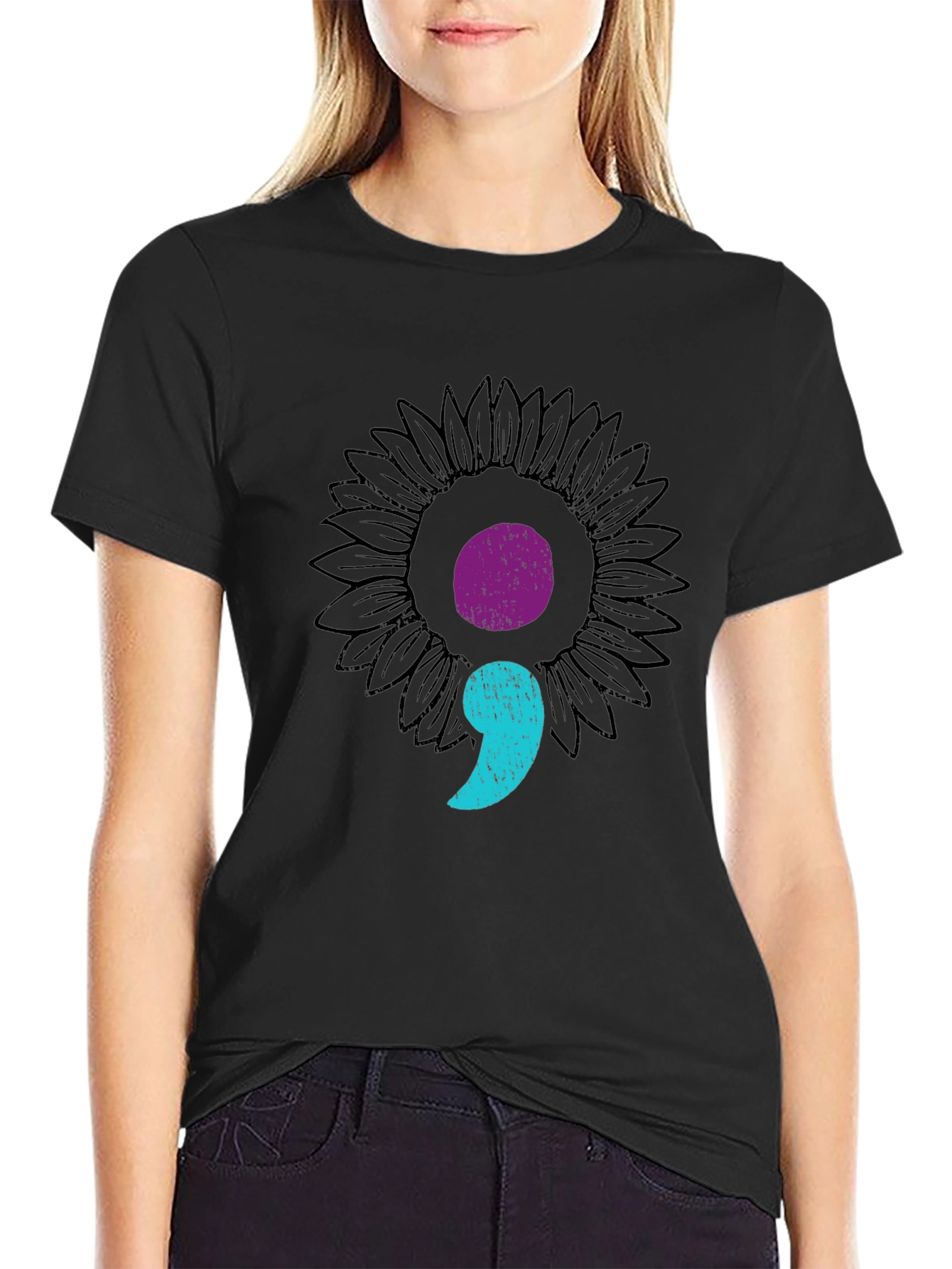 Semicolon Sunflower Black Tee - Mental Health Awareness